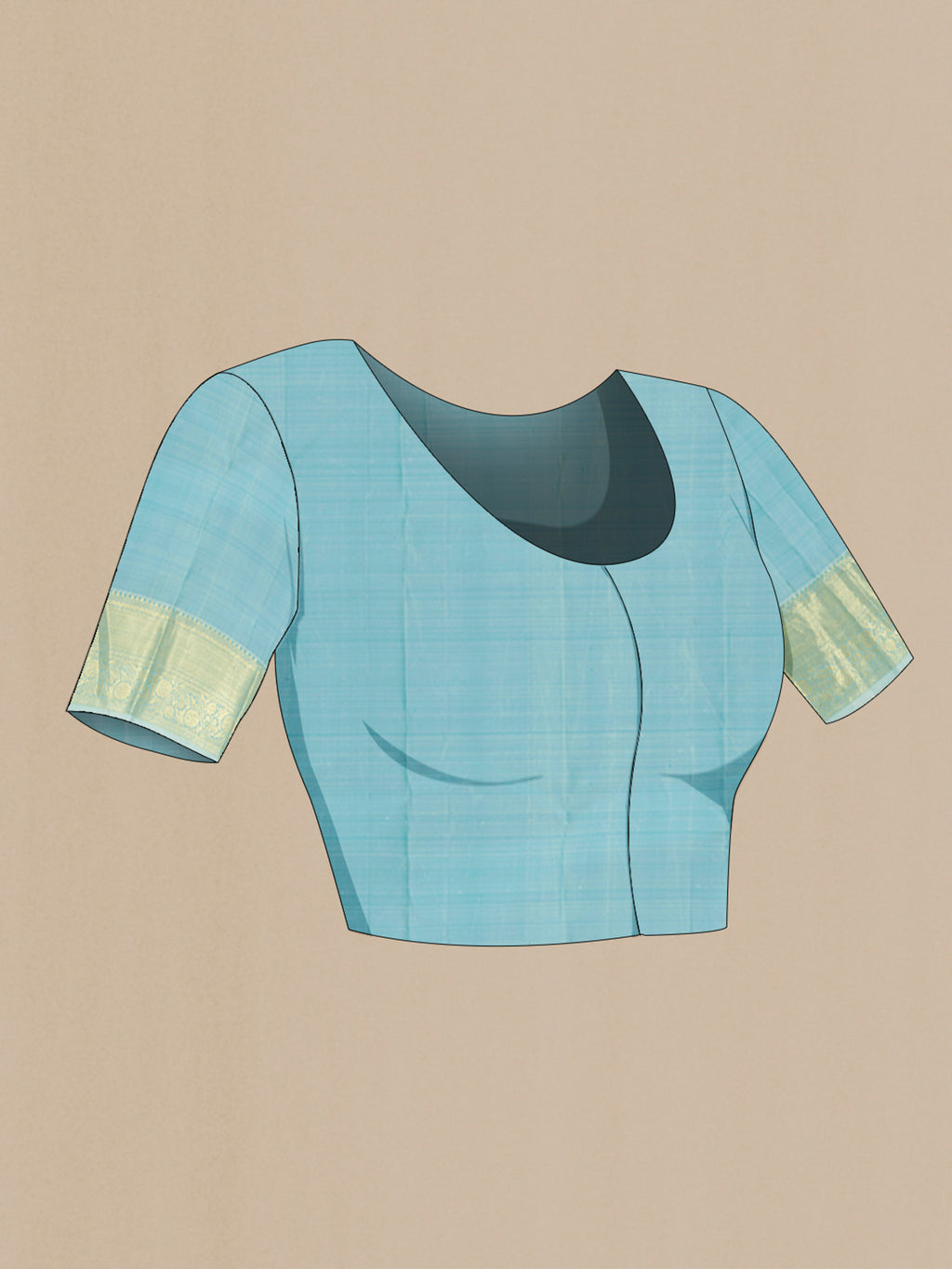 Close up image of the blouse of Sky Blue Kanchipuram Silk Saree with Zari Brocade on the body and Zari Border. 