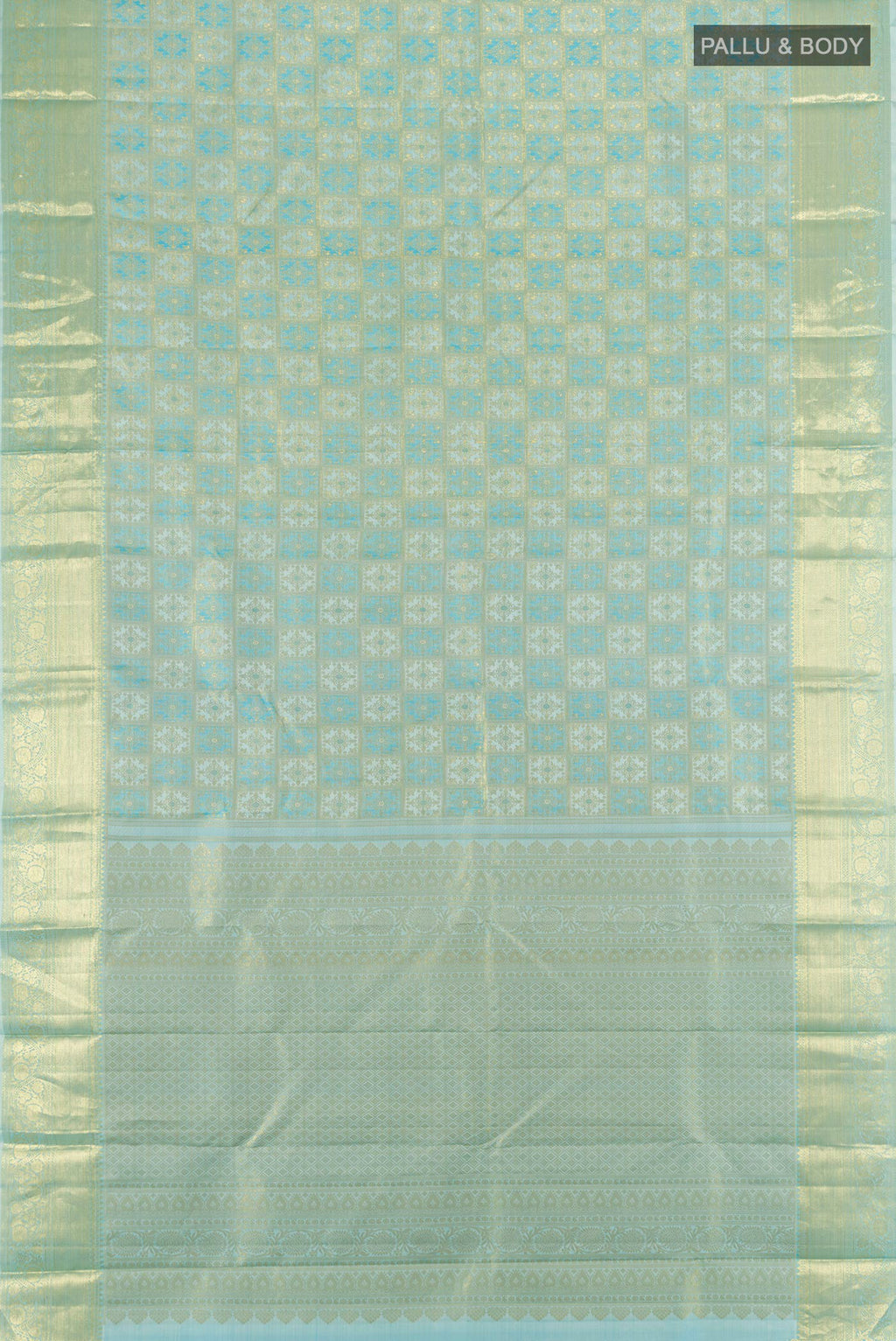 Flat view of Sky Blue Kanchipuram Silk Saree with Zari Brocade on the body and Zari Border. 