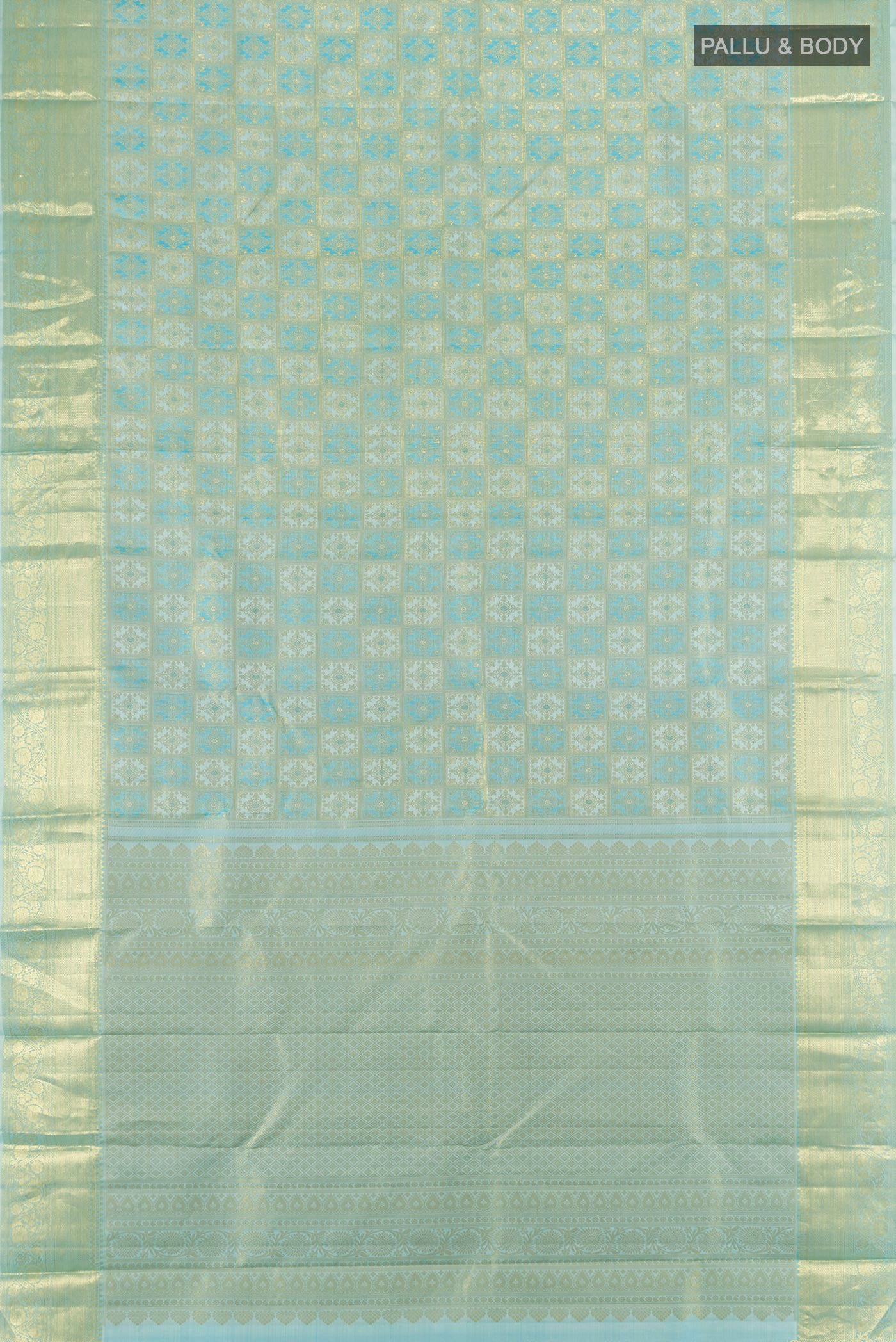 Flat view of Sky Blue Kanchipuram Silk Saree with Zari Brocade on the body and Zari Border. 