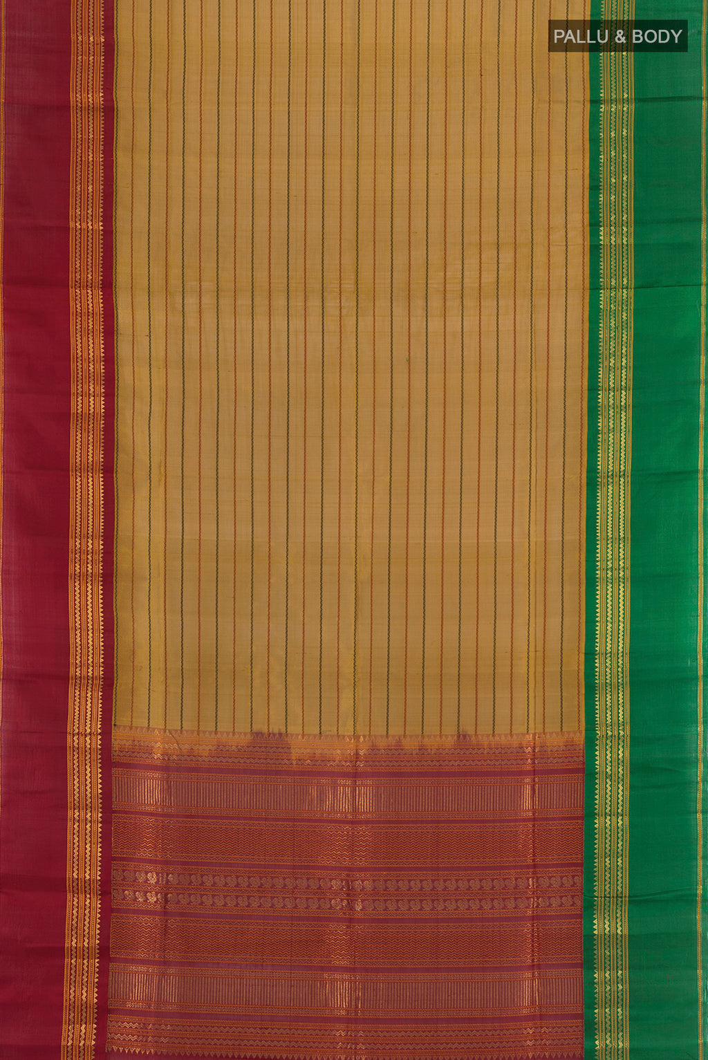 Flat view of Mehandi Green Silk Cotton Saree with Veldhari on the body and Zari Border. 