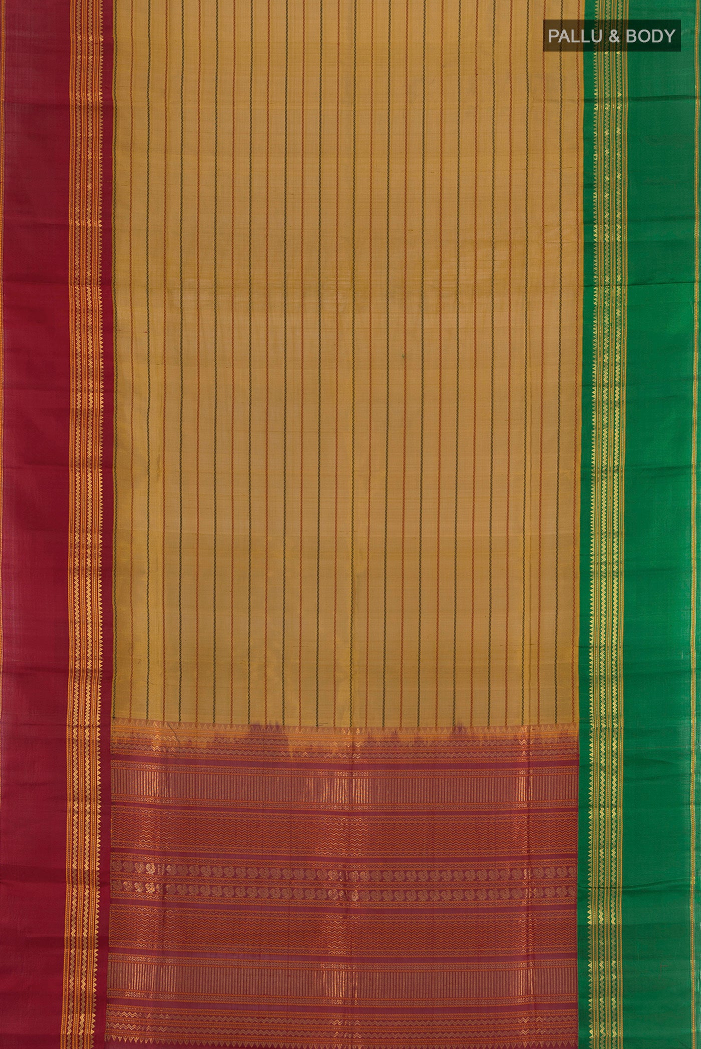 Flat view of Mehandi Green Silk Cotton Saree with Veldhari on the body and Zari Border. 