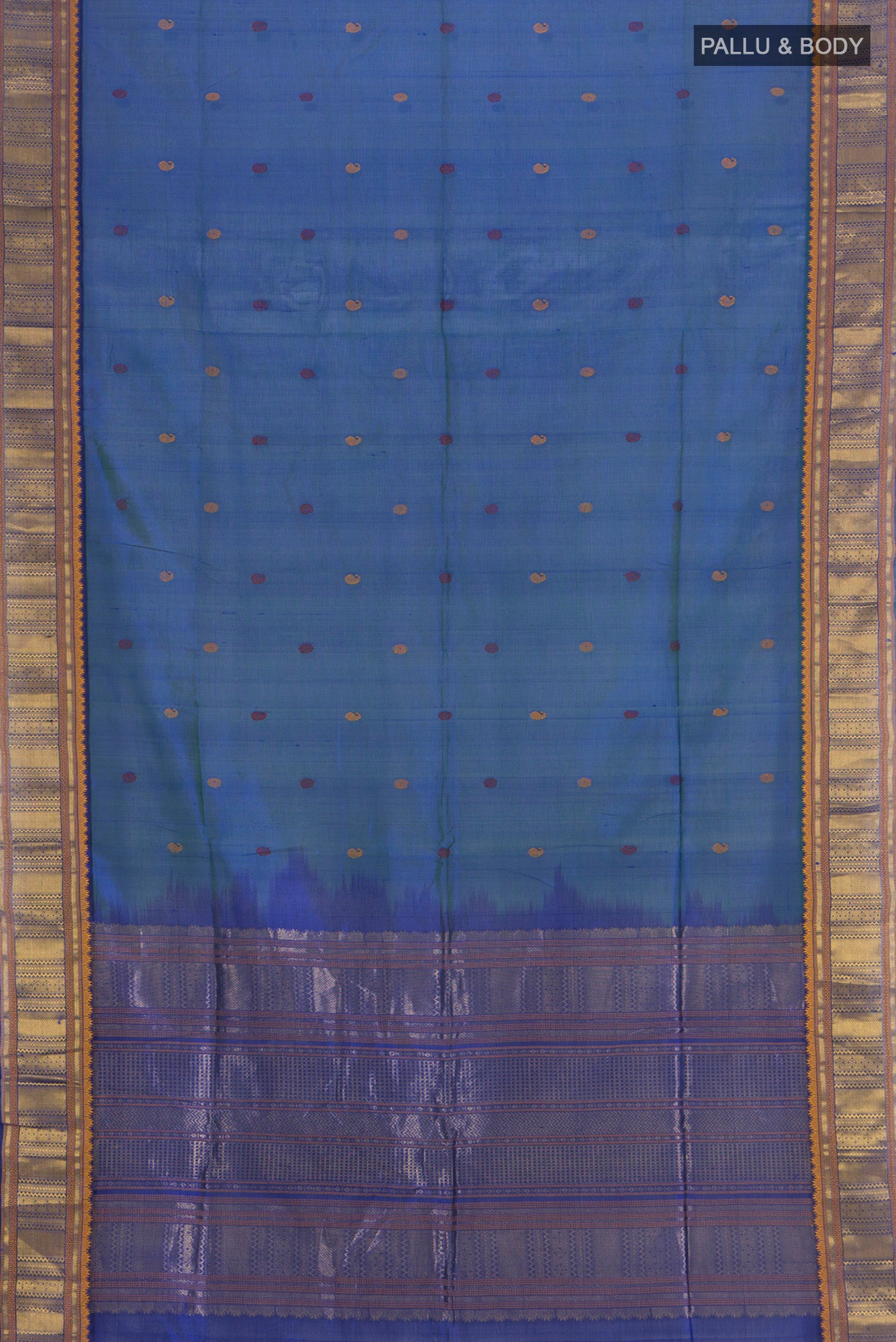 Flat view of Peacock Blue Silk Cotton Saree with Thread Butta on the body and Zari Border. 