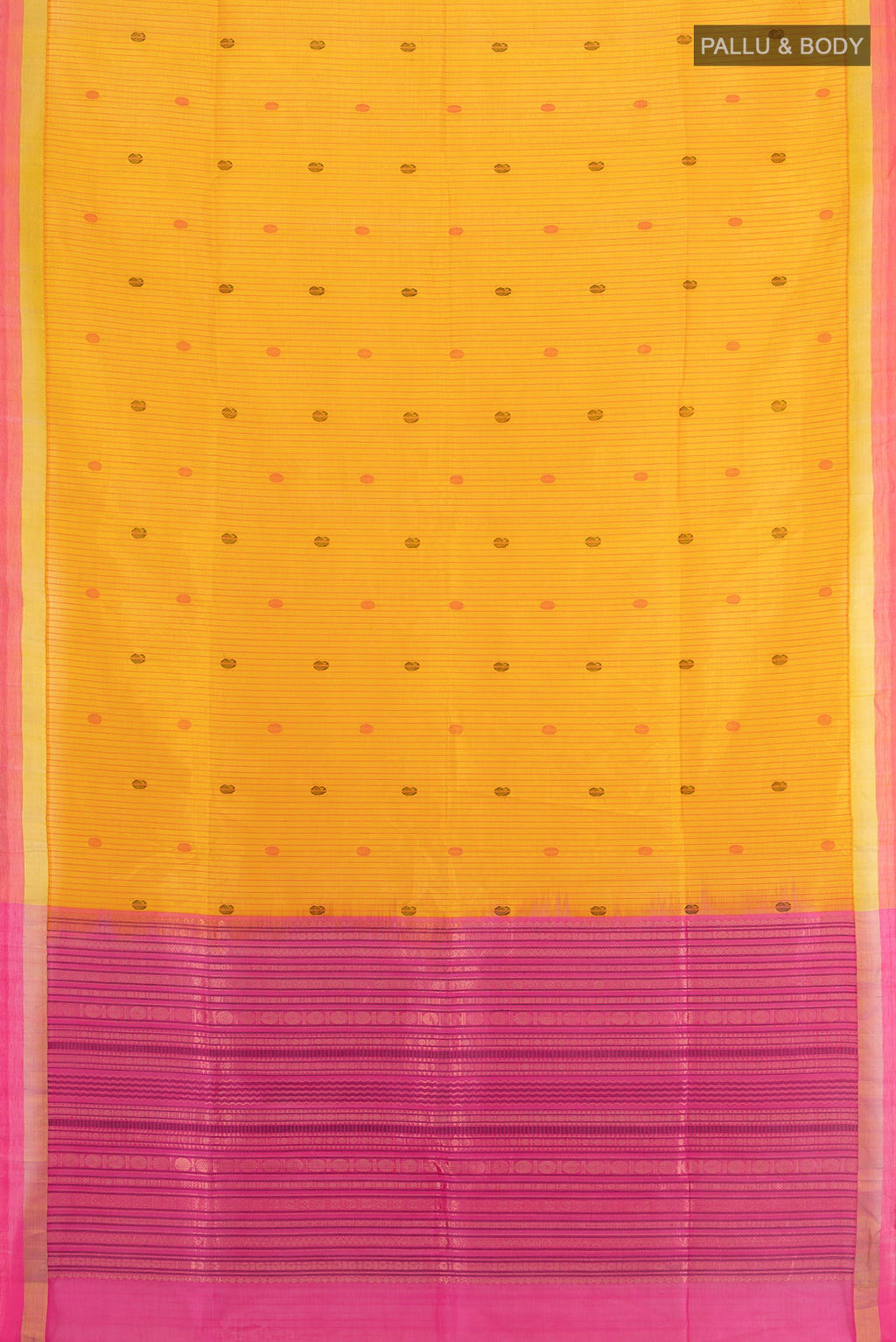 Flat view of Mustard Silk Cotton Saree with Stripes on the body and Zari Border. 