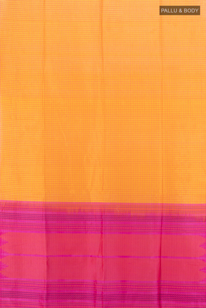 Flat view of Yellow Silk Cotton Saree with Zari Butta on the body and Silk Border. 