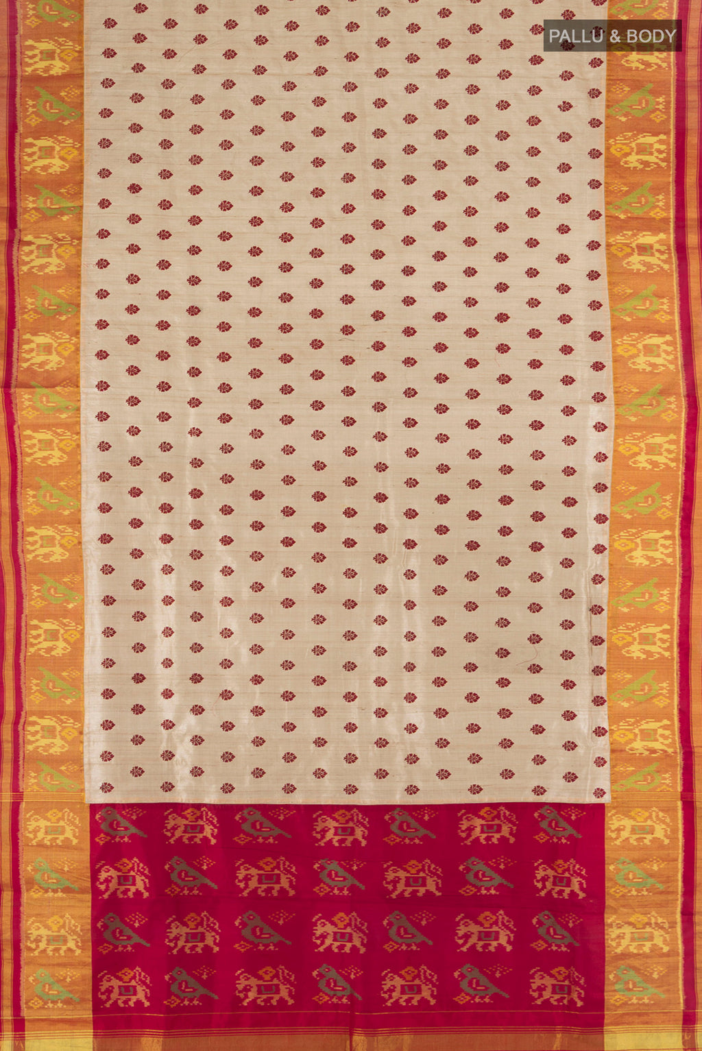 Flat view of Beige Tussar Silk Saree with Embroidery on the body and Attached Border. 