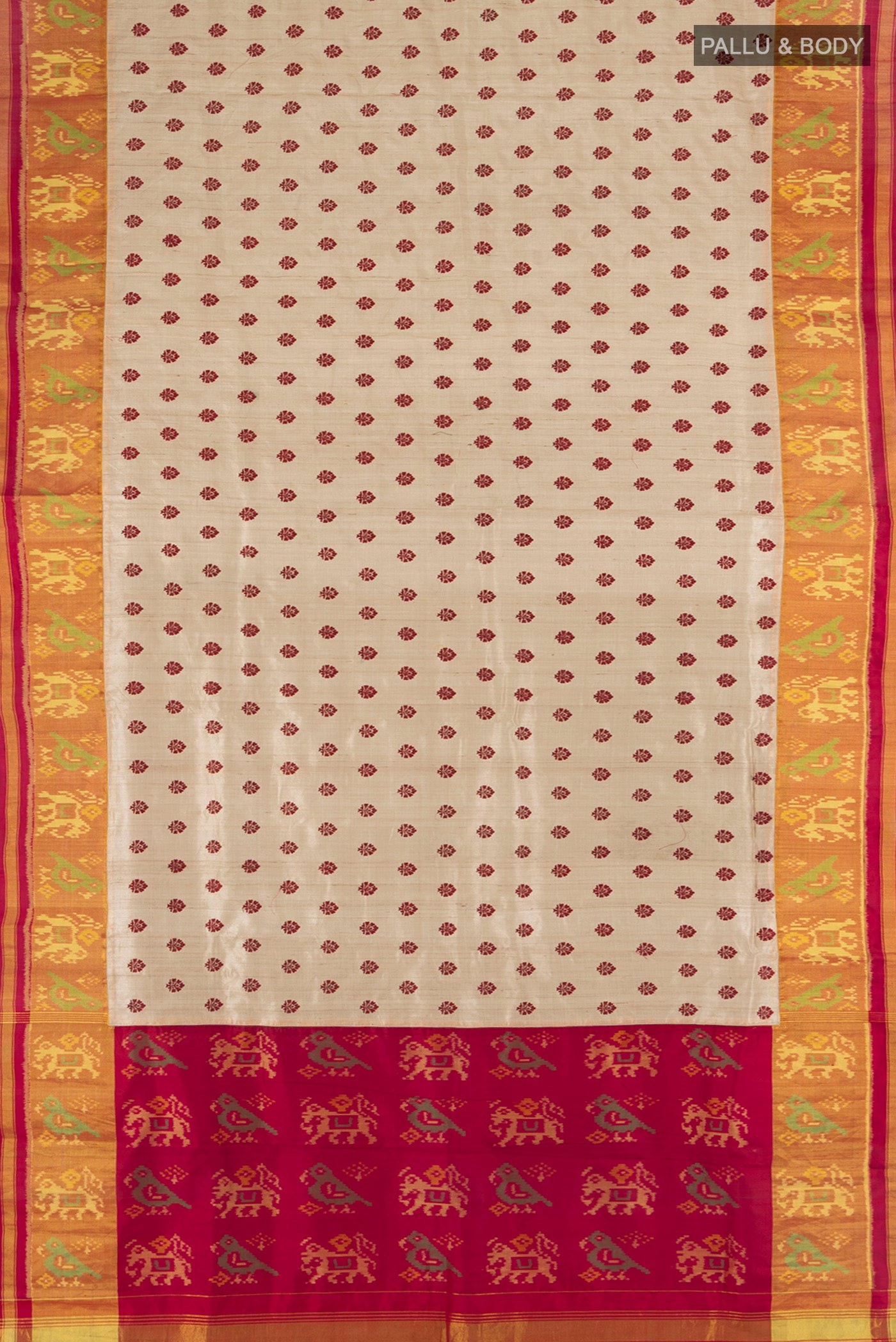 Flat view of Beige Tussar Silk Saree with Embroidery on the body and Attached Border. 