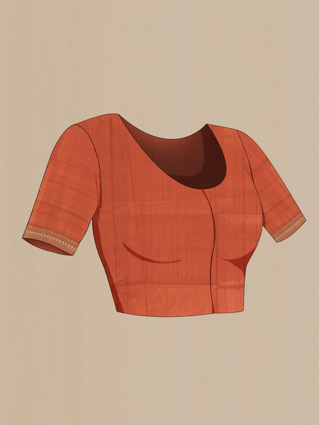 Close up image of the blouse of Rust Tussar Silk Saree with Plain Body and Embroidery Border. 