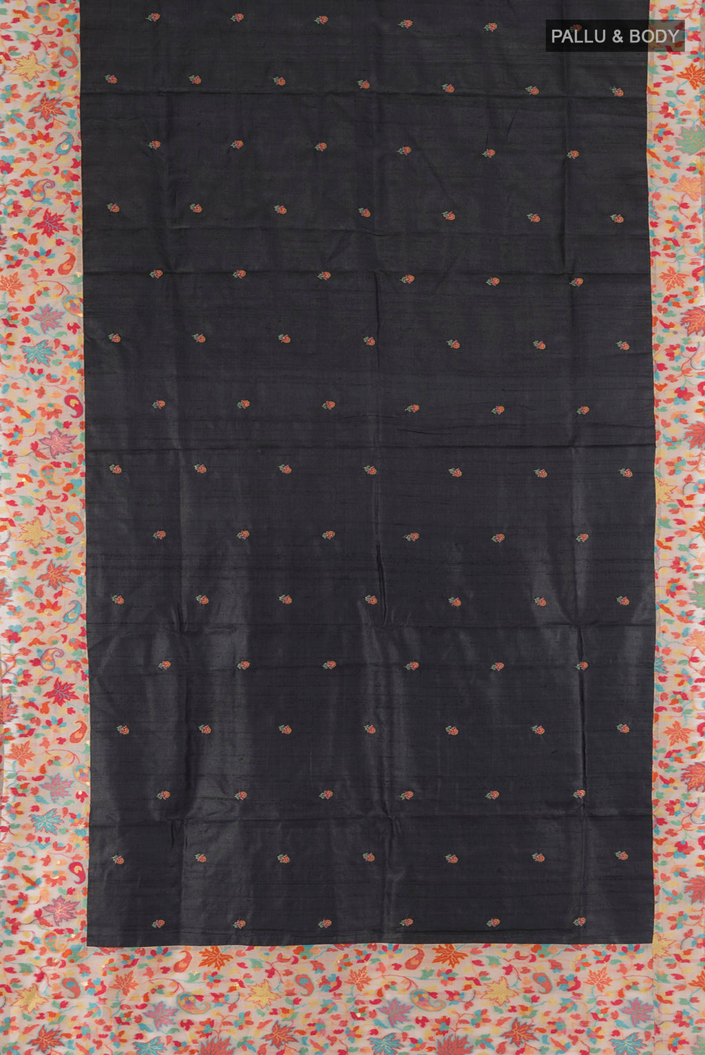 Flat view of Black Tussar Silk Saree with Embroidery on the body and Attached Border. 