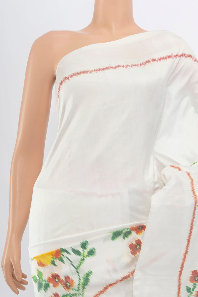 Border image of Off White Rajkot Patola Silk Saree with Ikat Print on the body and Silk Border. 