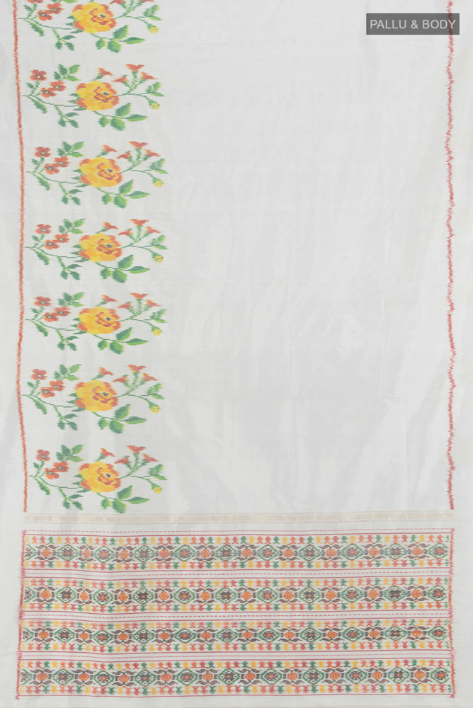 Flat view of Off White Rajkot Patola Silk Saree with Ikat Print on the body and Silk Border. 