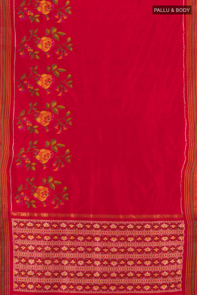Flat view of Red Rajkot Patola Silk Saree with Ikat Print on the body and Silk Border. 