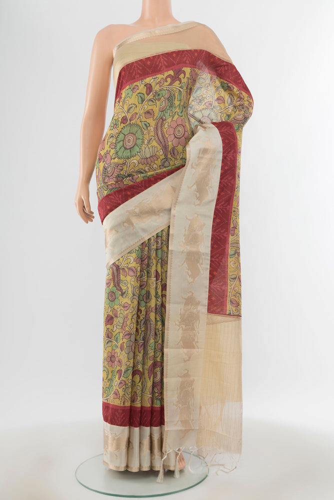Pure Silk Pure Zari Multi Color kalamkari Saree with kalamkari Print on the body and Silk Border.  displayed on a mannequin