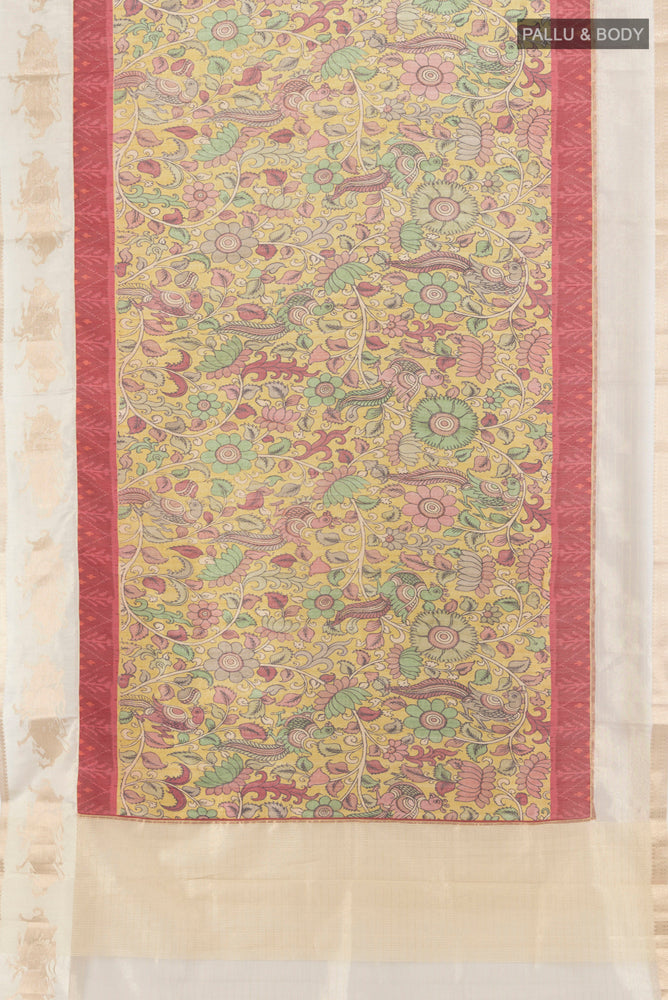 Flat view of Pure Silk Pure Zari Multi Color kalamkari Saree with kalamkari Print on the body and Silk Border. 