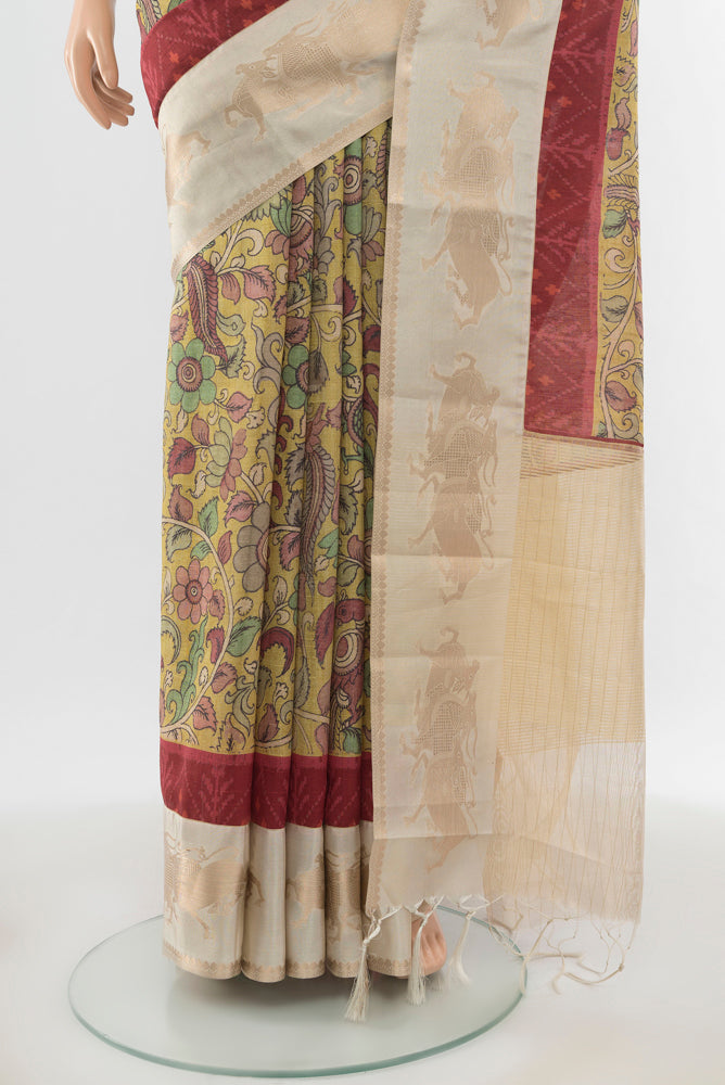 Pleats and pallu of Pure Silk Pure Zari Multi Color kalamkari Saree with kalamkari Print on the body and Silk Border. 