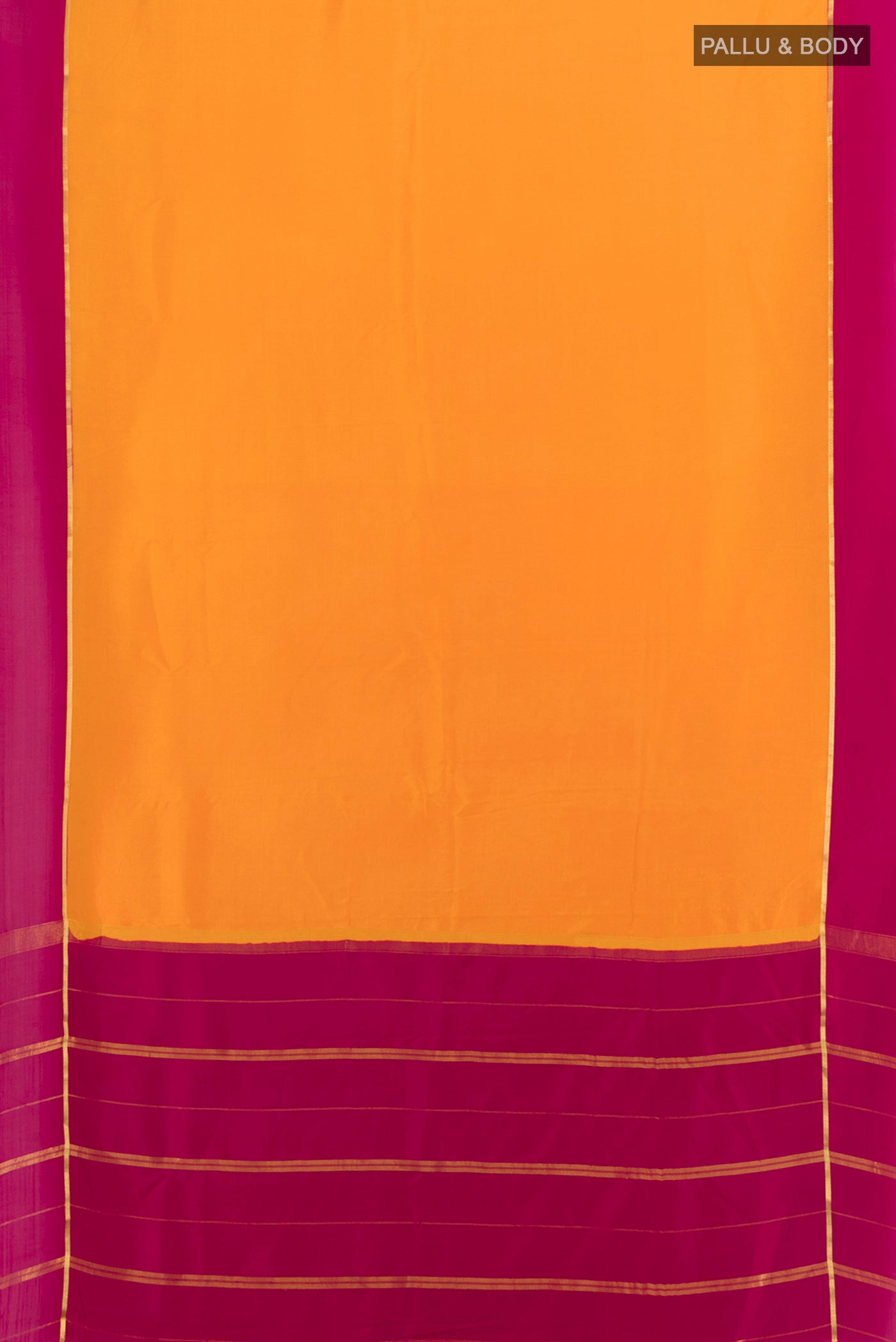 Flat view of Pure Silk Pure Zari Yellow Mysore Crepe Saree with Plain Body and Plain Border. 