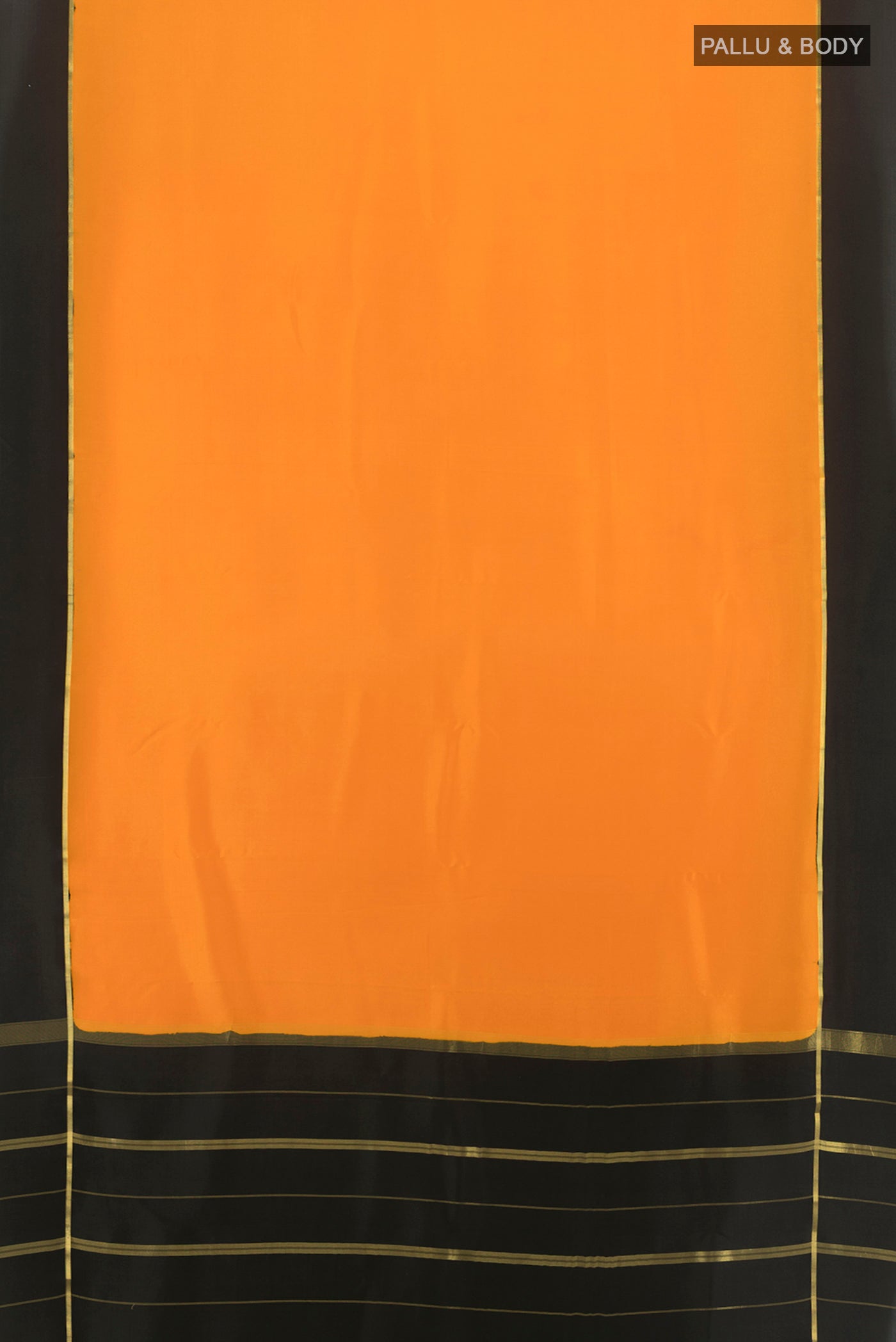 Flat view of Pure Silk Pure Zari Yellow Mysore Crepe Saree with Plain Body and Plain Border. 