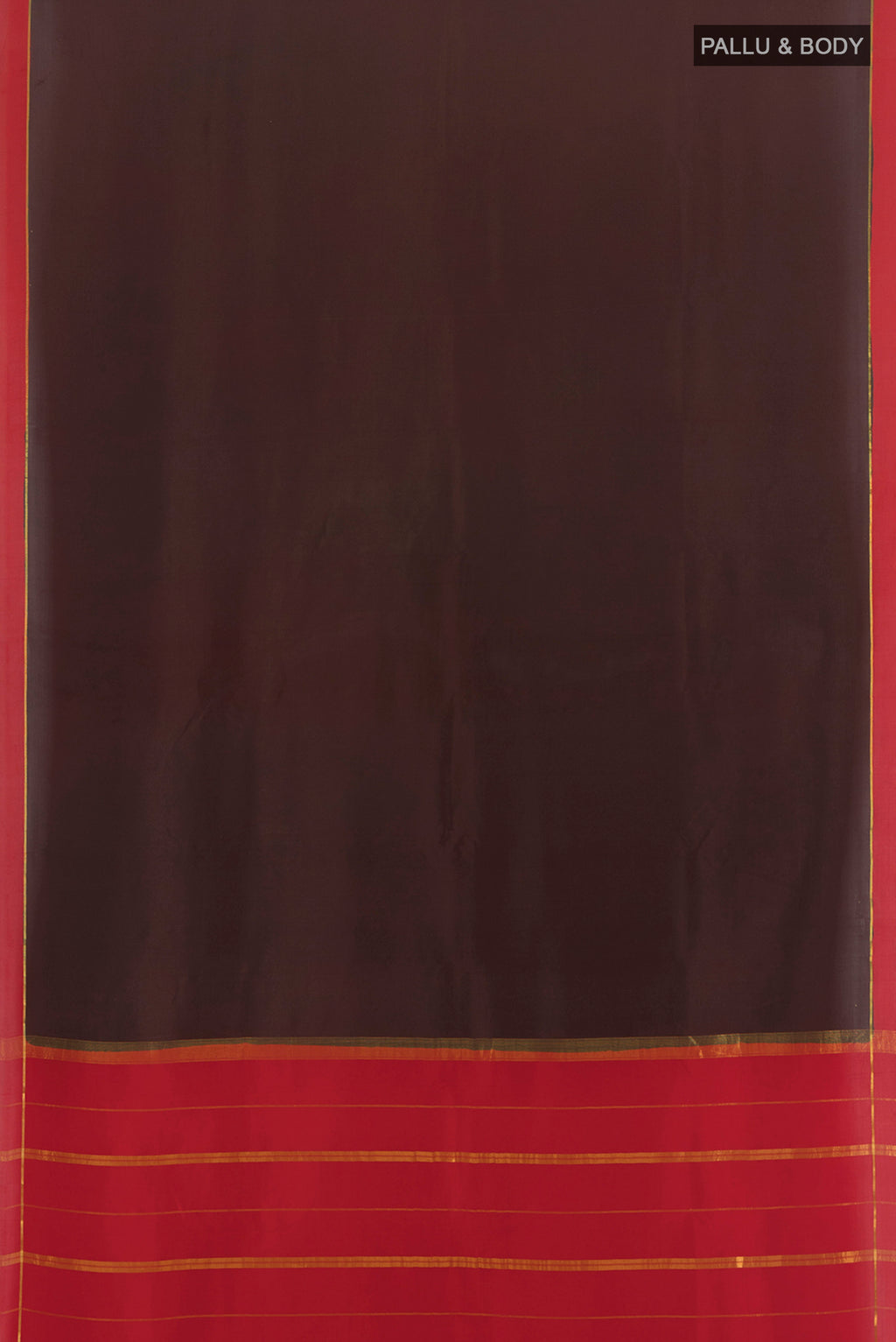 Flat view of Pure Silk Pure Zari Coffee Brown Mysore Crepe Saree with Plain Body and Rising Temple Border. 