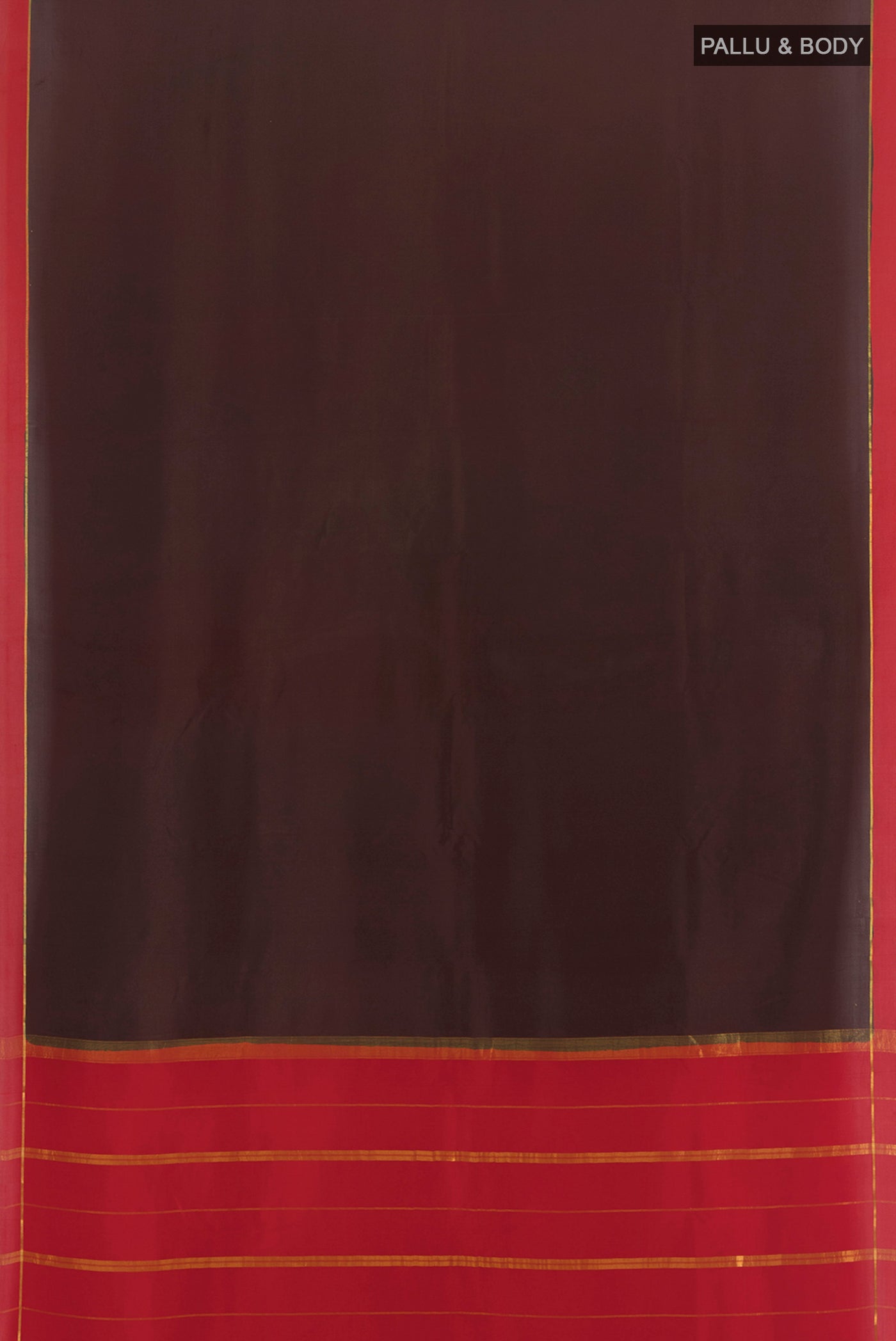 Flat view of Pure Silk Pure Zari Coffee Brown Mysore Crepe Saree with Plain Body and Rising Temple Border. 