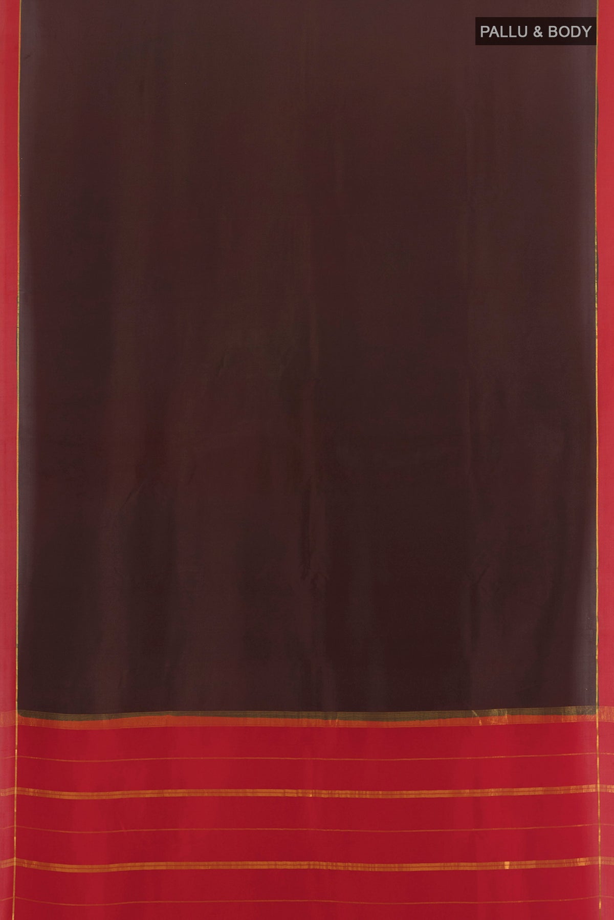 Flat view of Pure Silk Pure Zari Coffee Brown Mysore Crepe Saree with Plain Body and Rising Temple Border. 