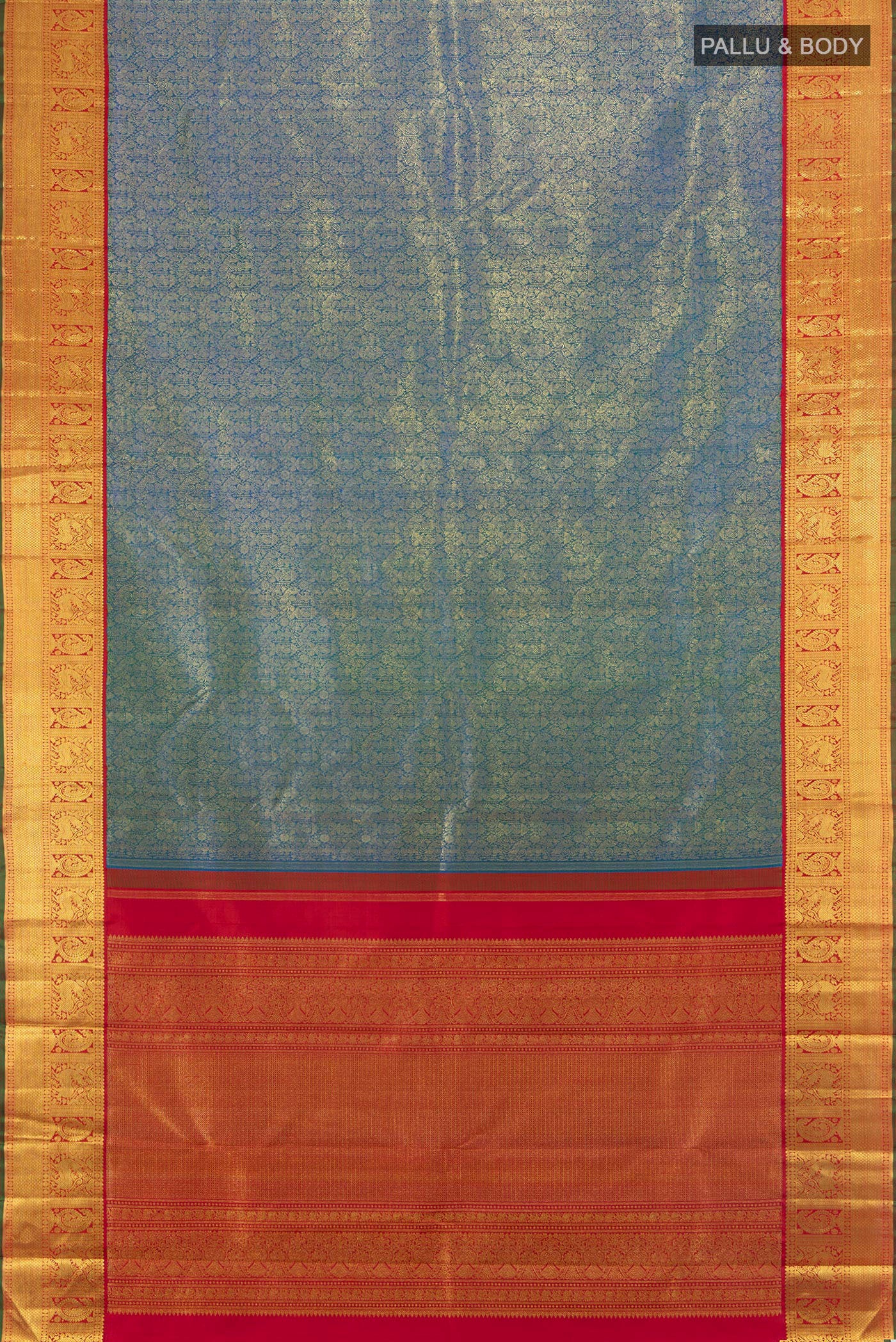 Flat view of Pure Silk Pure Zari Blue Kanjivaram Saree with Zari Brocade on the body and Zari Border. 