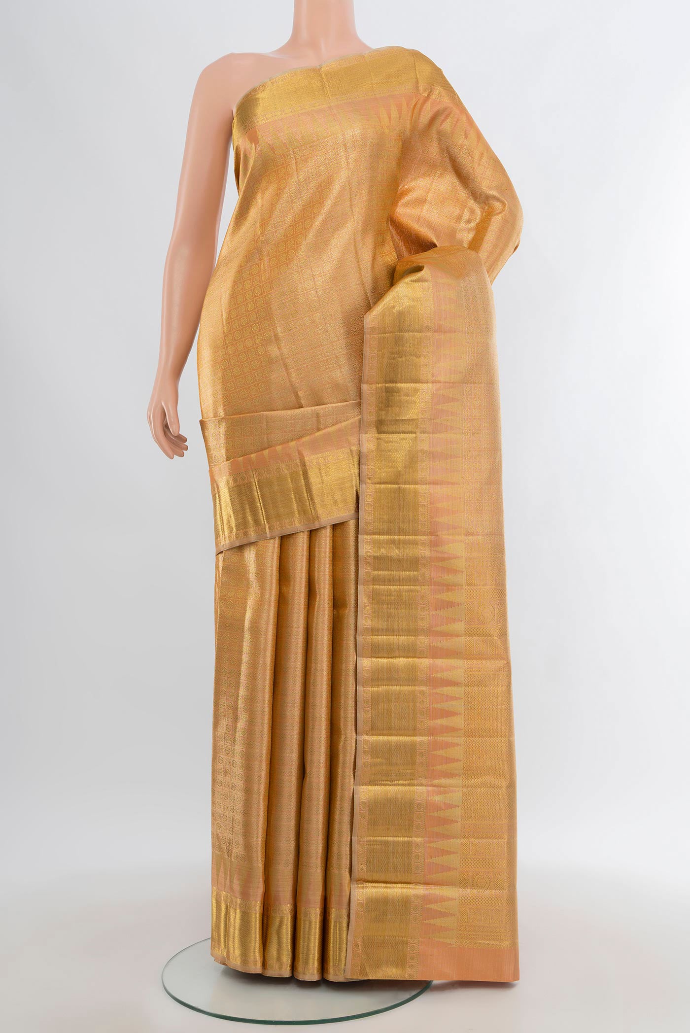Pure Silk Pure Zari Sandal Kanjivaram Tissue Saree with Zari Brocade on the body and Zari Border.  displayed on a mannequin