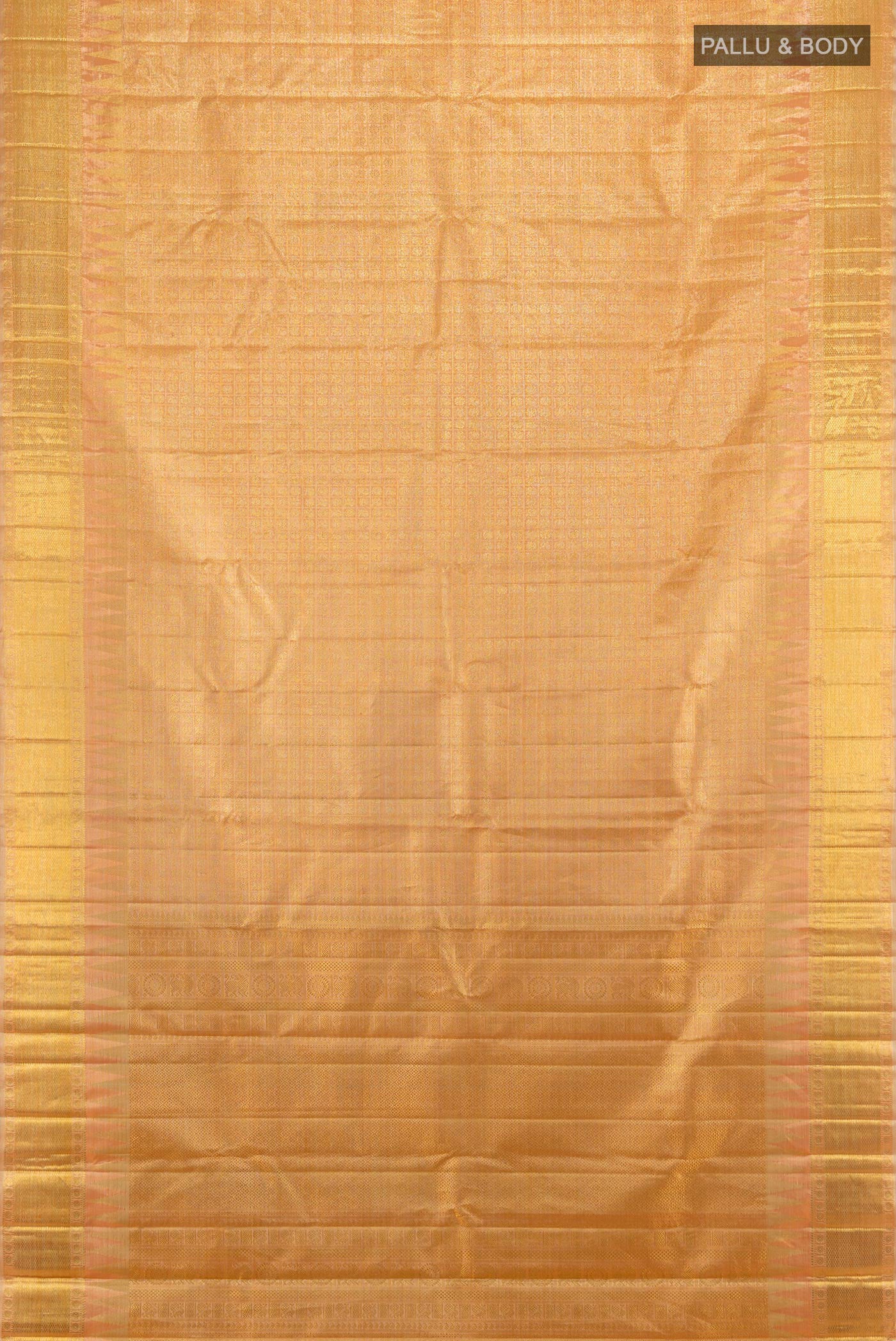 Flat view of Pure Silk Pure Zari Sandal Kanjivaram Tissue Saree with Zari Brocade on the body and Zari Border. 