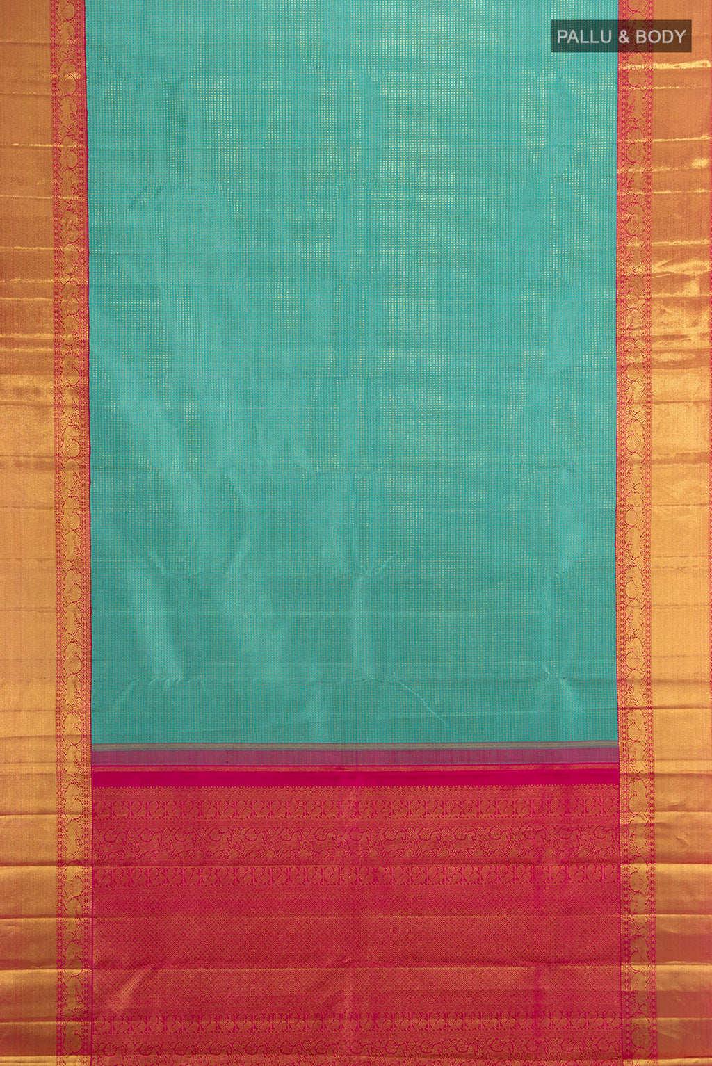 Flat view of Pure Silk Pure Zari Light Blue Kanjivaram Saree with Zari Brocade on the body and Zari Border. 