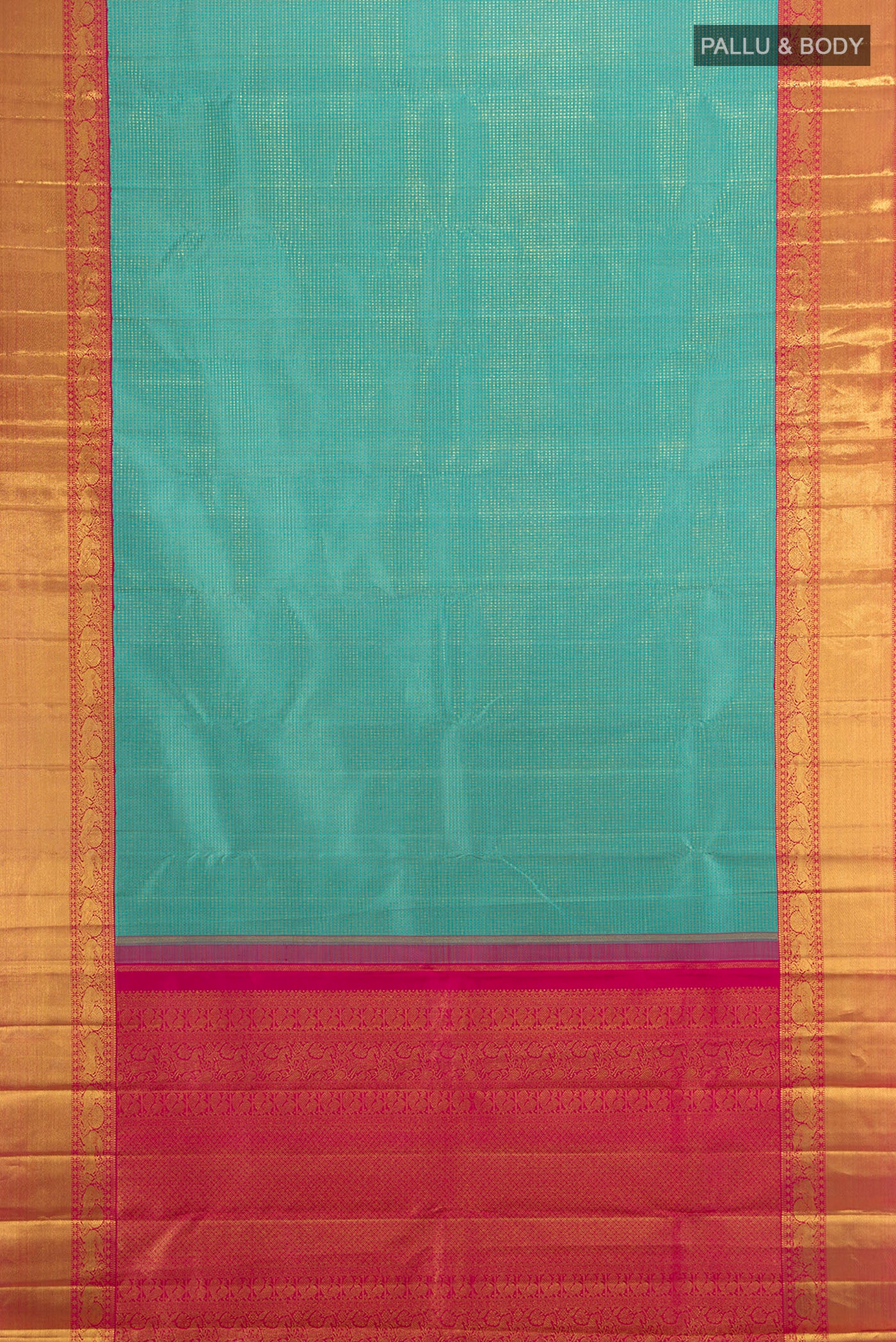 Flat view of Pure Silk Pure Zari Light Blue Kanjivaram Saree with Zari Brocade on the body and Zari Border. 