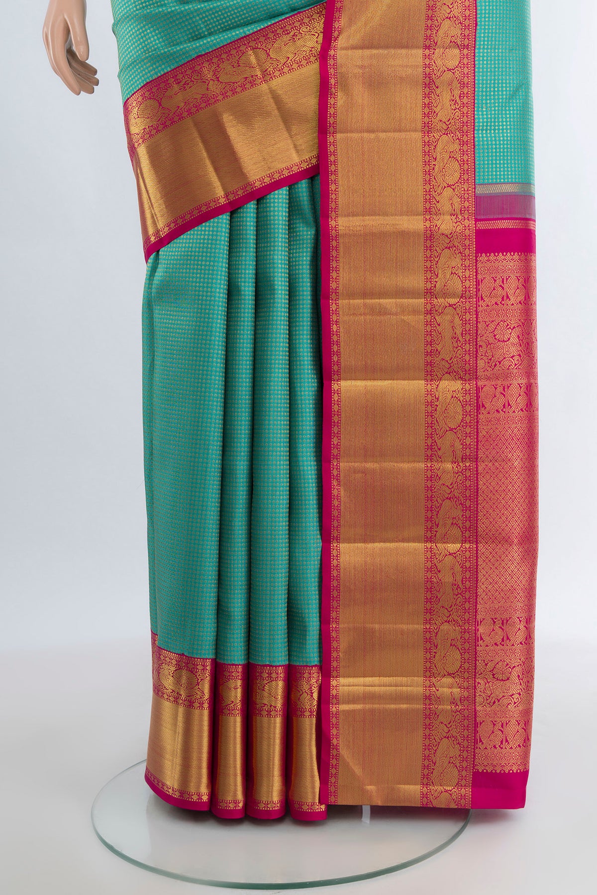 Pleats and pallu of Pure Silk Pure Zari Light Blue Kanjivaram Saree with Zari Brocade on the body and Zari Border. 
