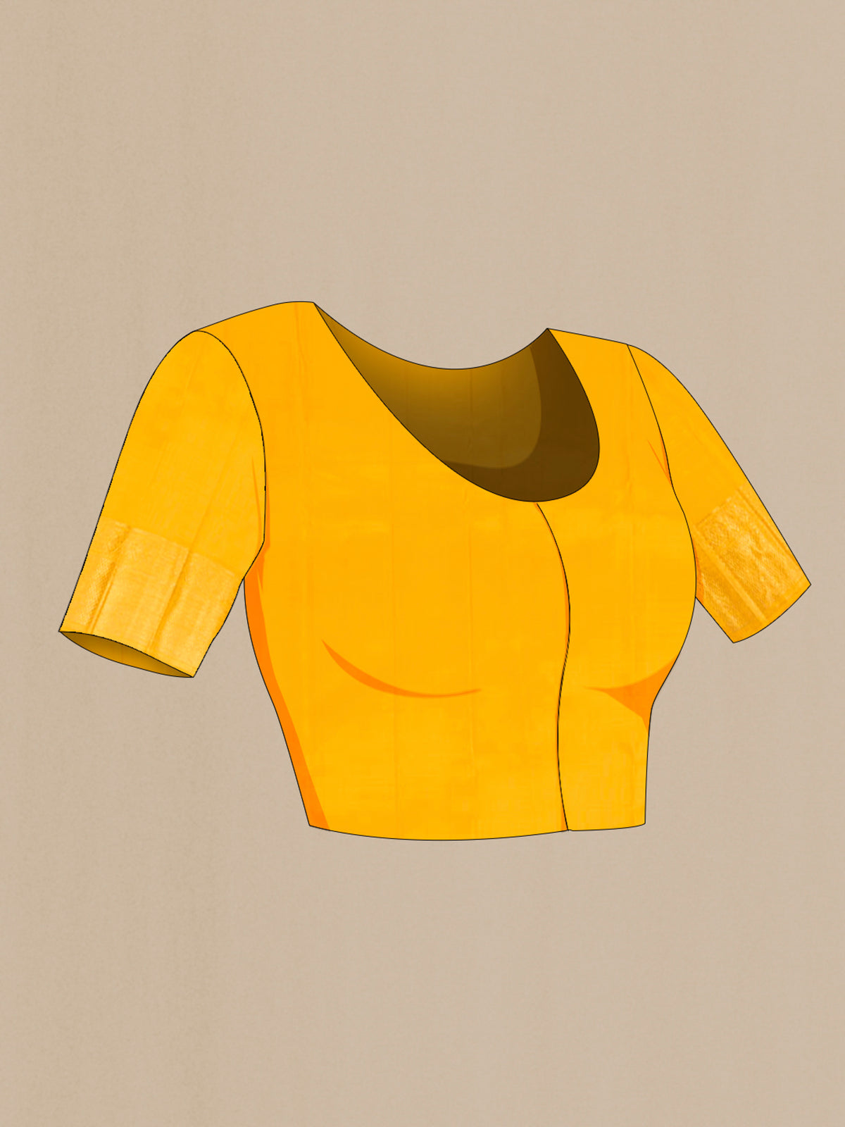 Close up image of the blouse of Pure Silk Pure Zari Yellow Kanjivaram Saree with Zari Brocade on the body and Zari Border. 