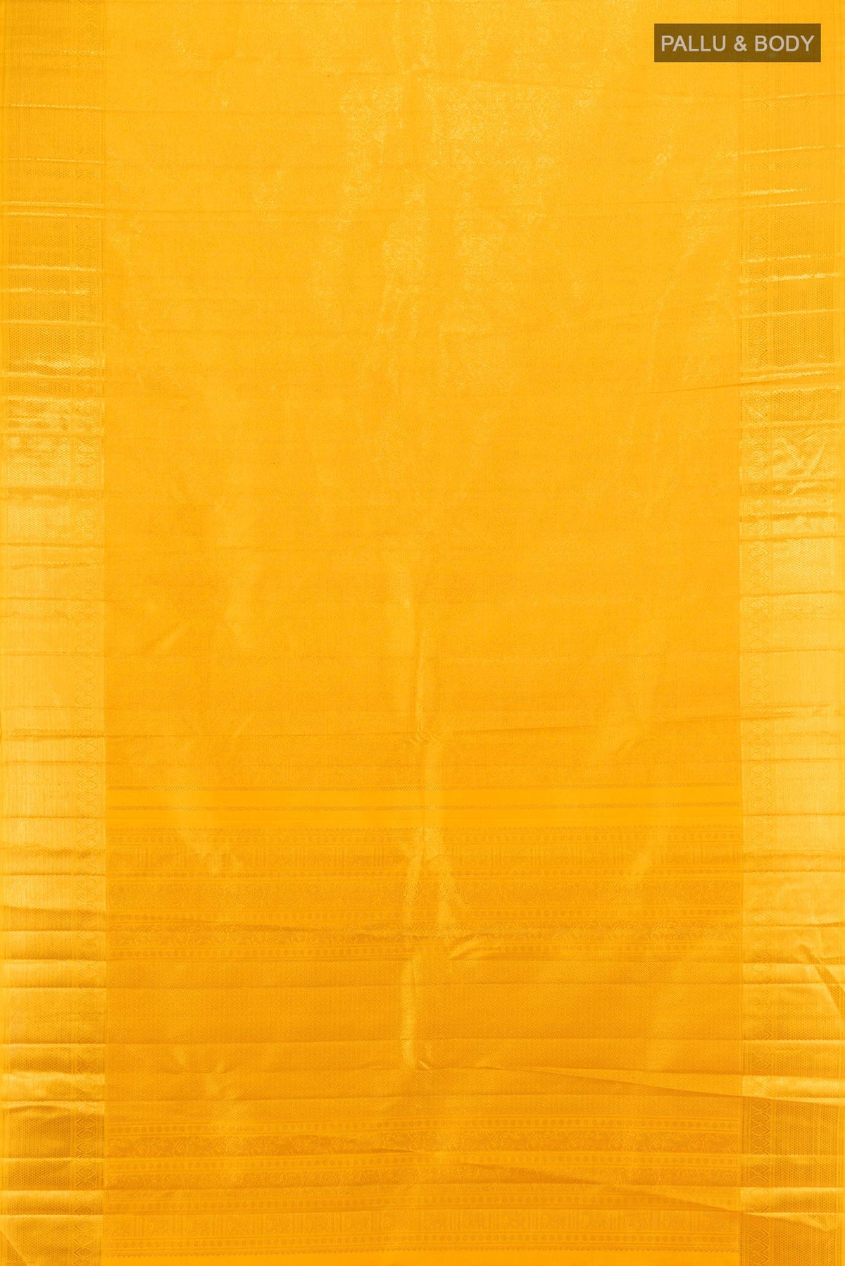 Flat view of Pure Silk Pure Zari Yellow Kanjivaram Saree with Zari Brocade on the body and Zari Border. 