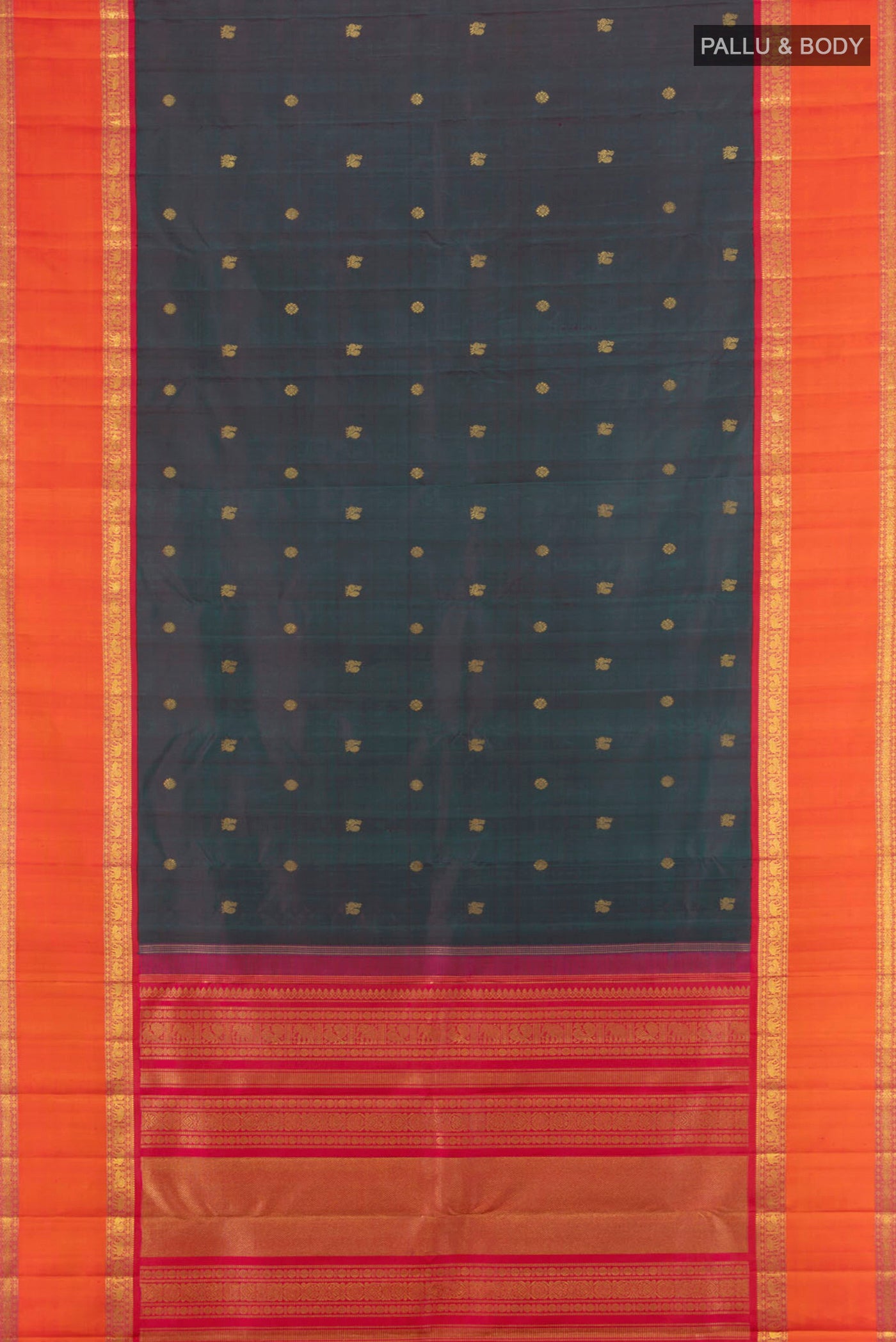 Flat view of Pure Silk Pure Zari Multi Color Kanjivaram Saree with Zari Butta on the body and Zari Border. 
