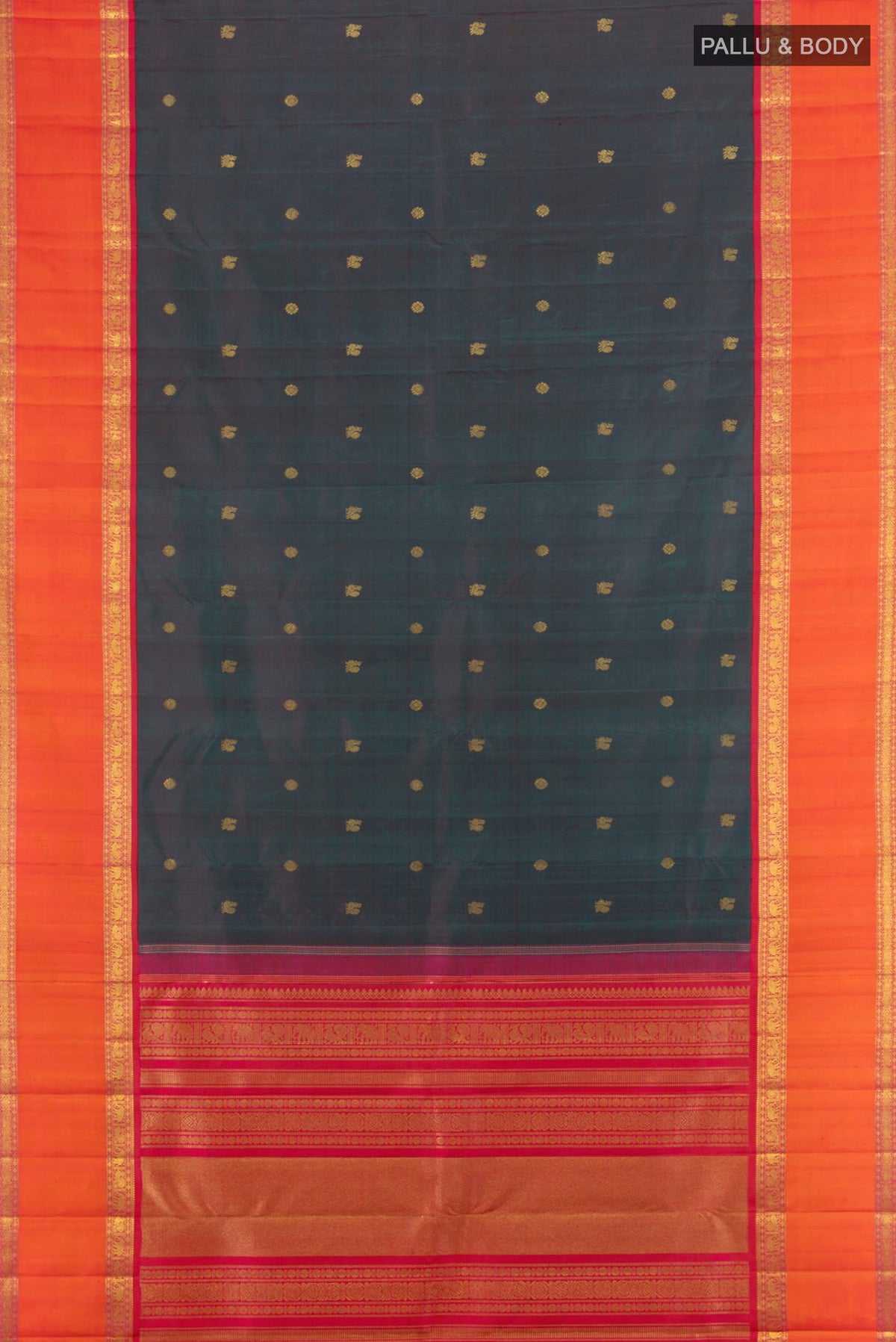 Flat view of Pure Silk Pure Zari Multi Color Kanjivaram Saree with Zari Butta on the body and Zari Border. 
