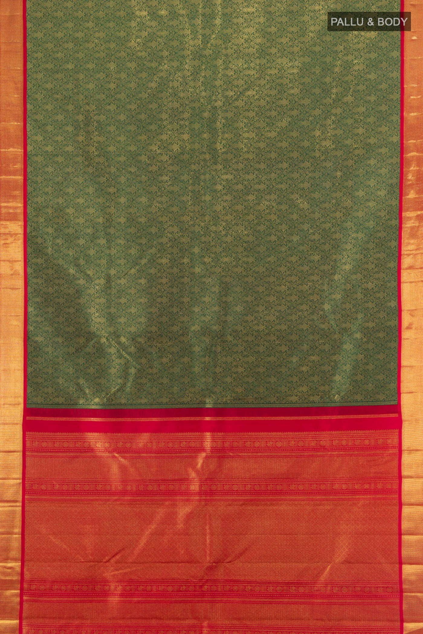 Flat view of Pure Silk Pure Zari Bottle Green Kanjivaram Saree with Zari Brocade on the body and Zari Border. 