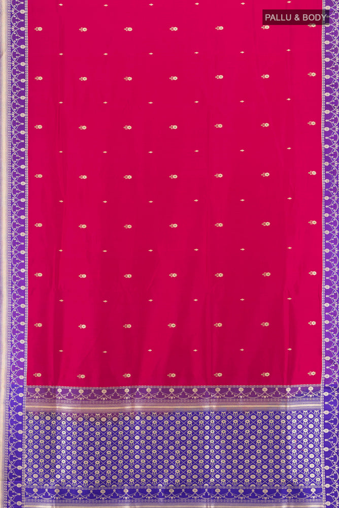 Flat view of Maroon Banarasi Katan Silk Saree with Zari Butta on the body and Silk Border. 