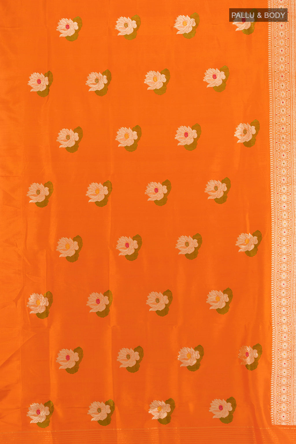 Flat view of Orange Banarasi Silk Saree with Zari And Thread Butta on the body and Zari Border. 