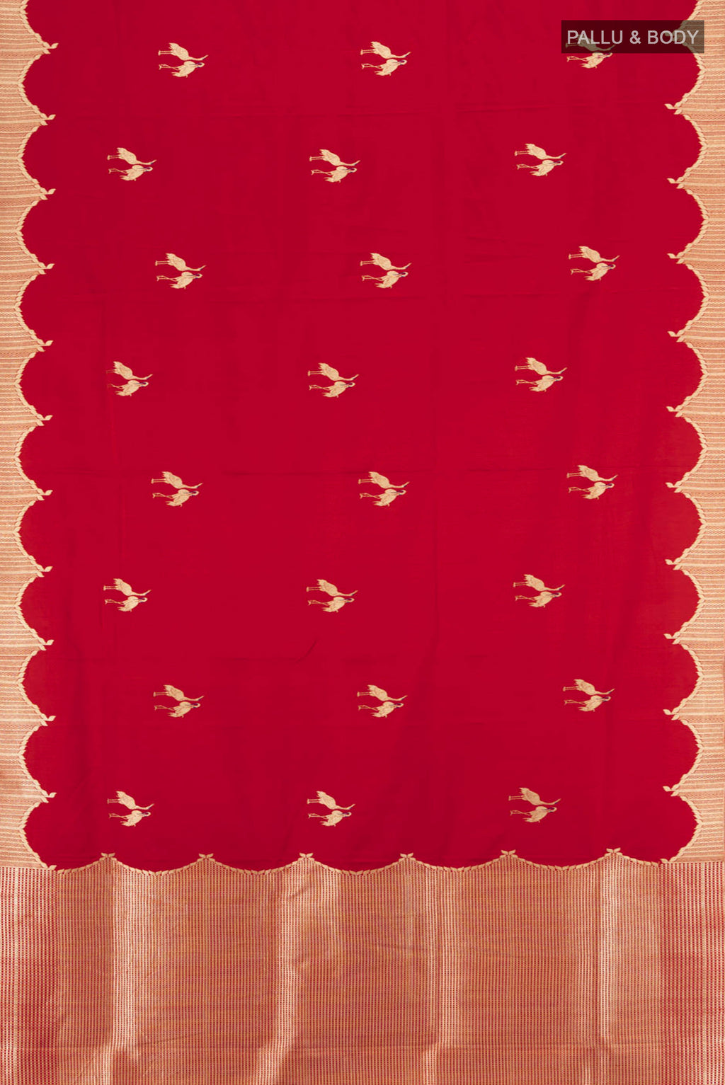 Flat view of Red Banarasi Silk Saree with Zari Butta on the body and Zari Border. 