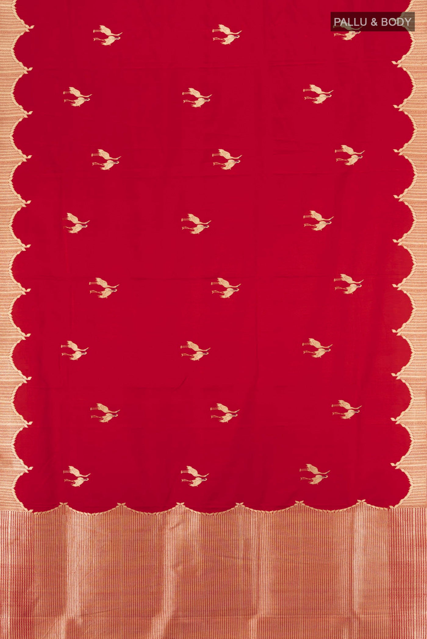 Flat view of Red Banarasi Silk Saree with Zari Butta on the body and Zari Border. 