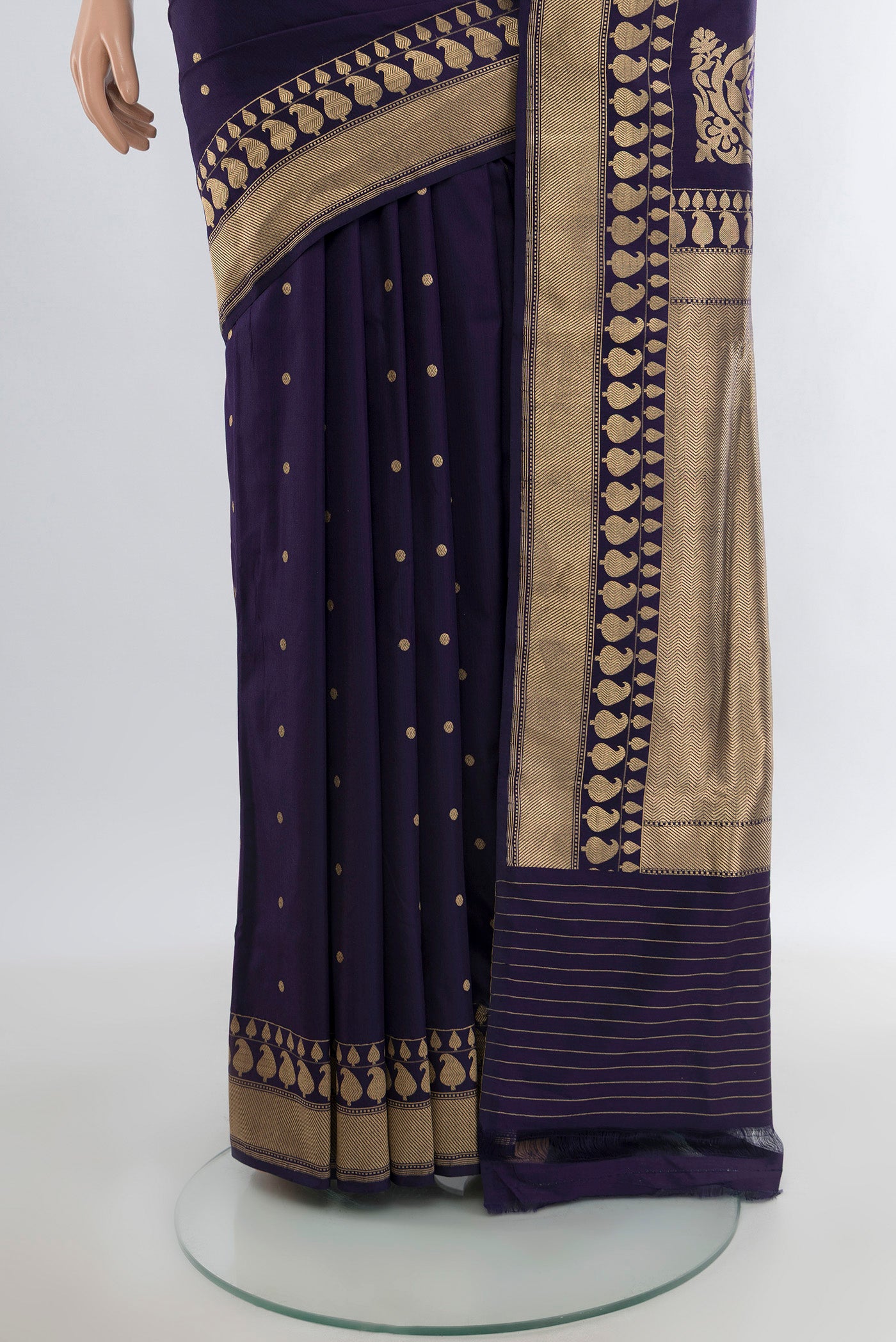 Pleats and pallu of Navy Blue Banarasi Silk Saree with Zari Butta on the body and Zari Border. 