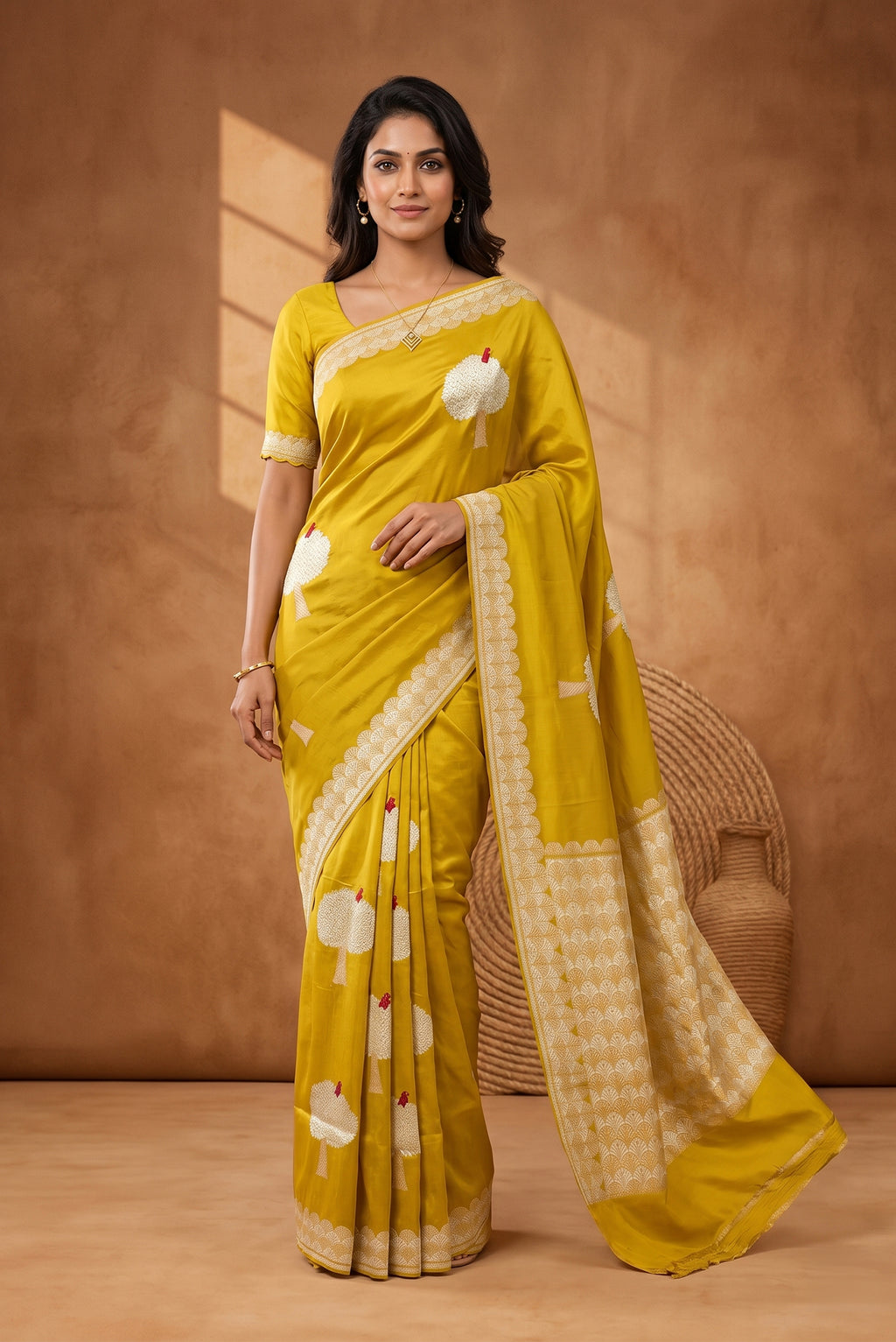 Model wearing a Yellow Banarasi Silk Saree with Zari Butta on the body and Zari Border.