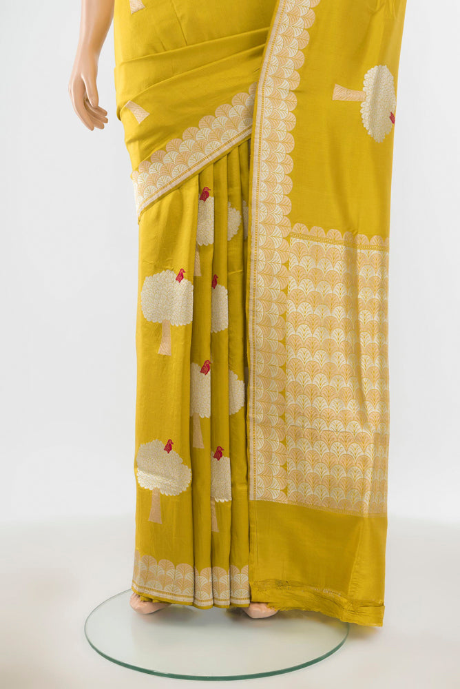 Pleats and pallu of Pure Silk Pure Zari Light Green Banarasi Katan Saree with Zari Butta on the body and Silk Border. 