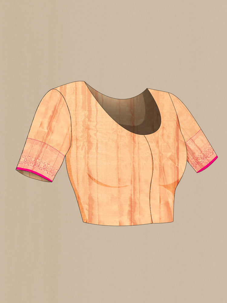 Close up image of the blouse of Pure Silk Pure Zari Golden Kanjivaram Saree with Zari Butta on the body and Silk Border. 