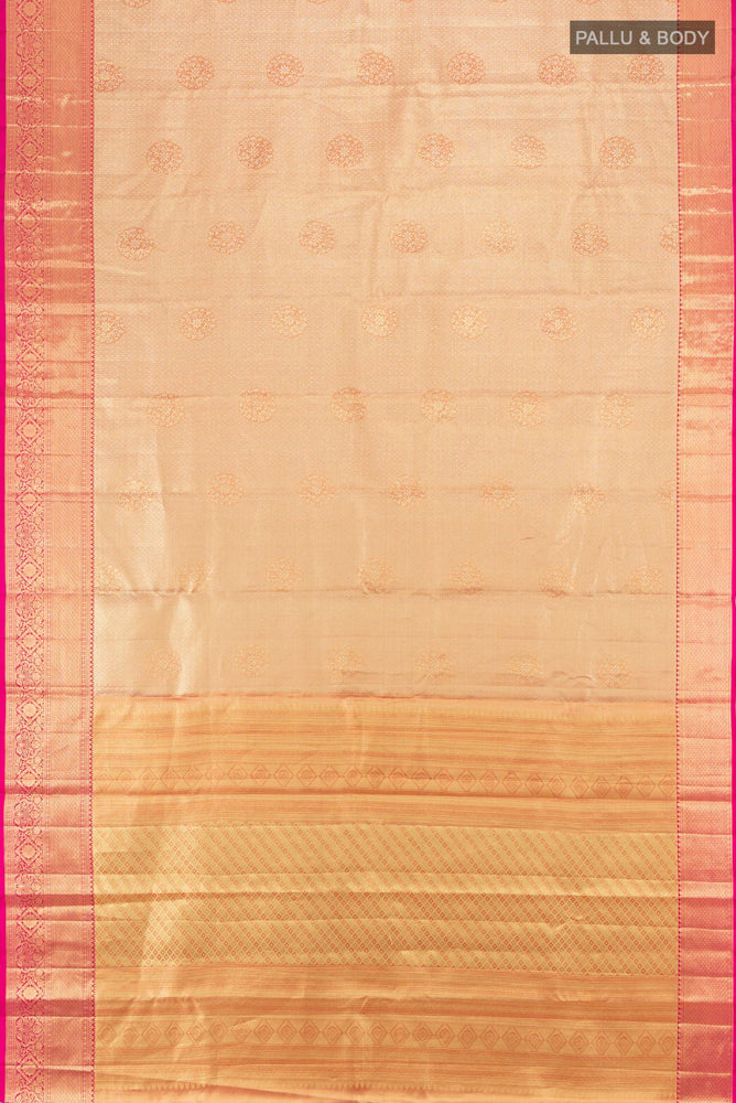 Flat view of Pure Silk Pure Zari Golden Kanjivaram Saree with Zari Butta on the body and Silk Border. 