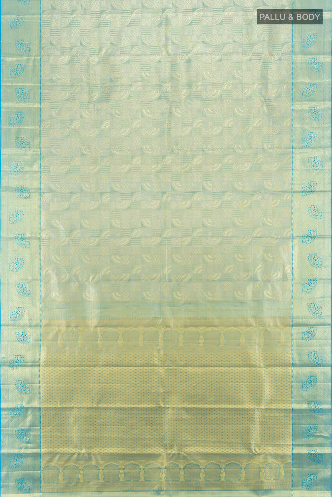 Flat view of Pure Silk Pure Zari Golden Kanjivaram Saree with Zari Butta on the body and Silk Border. 