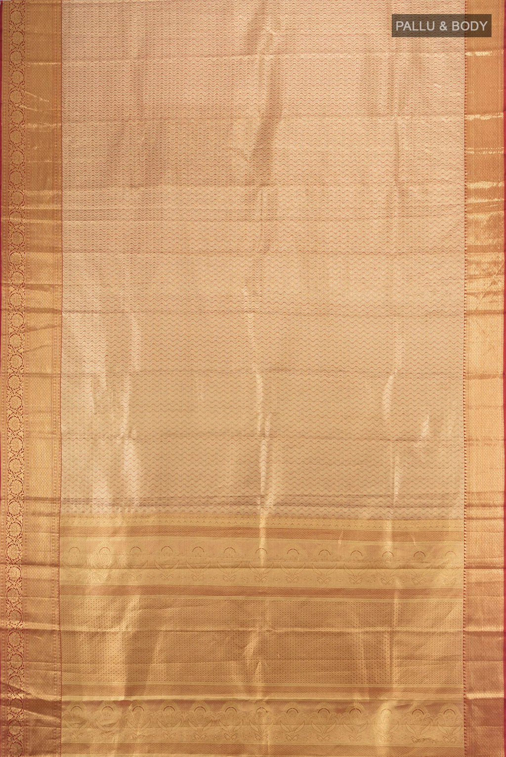 Flat view of Golden Kanjivaram Tissue Silk Saree with Zari Brocade on the body and Zari Border. 