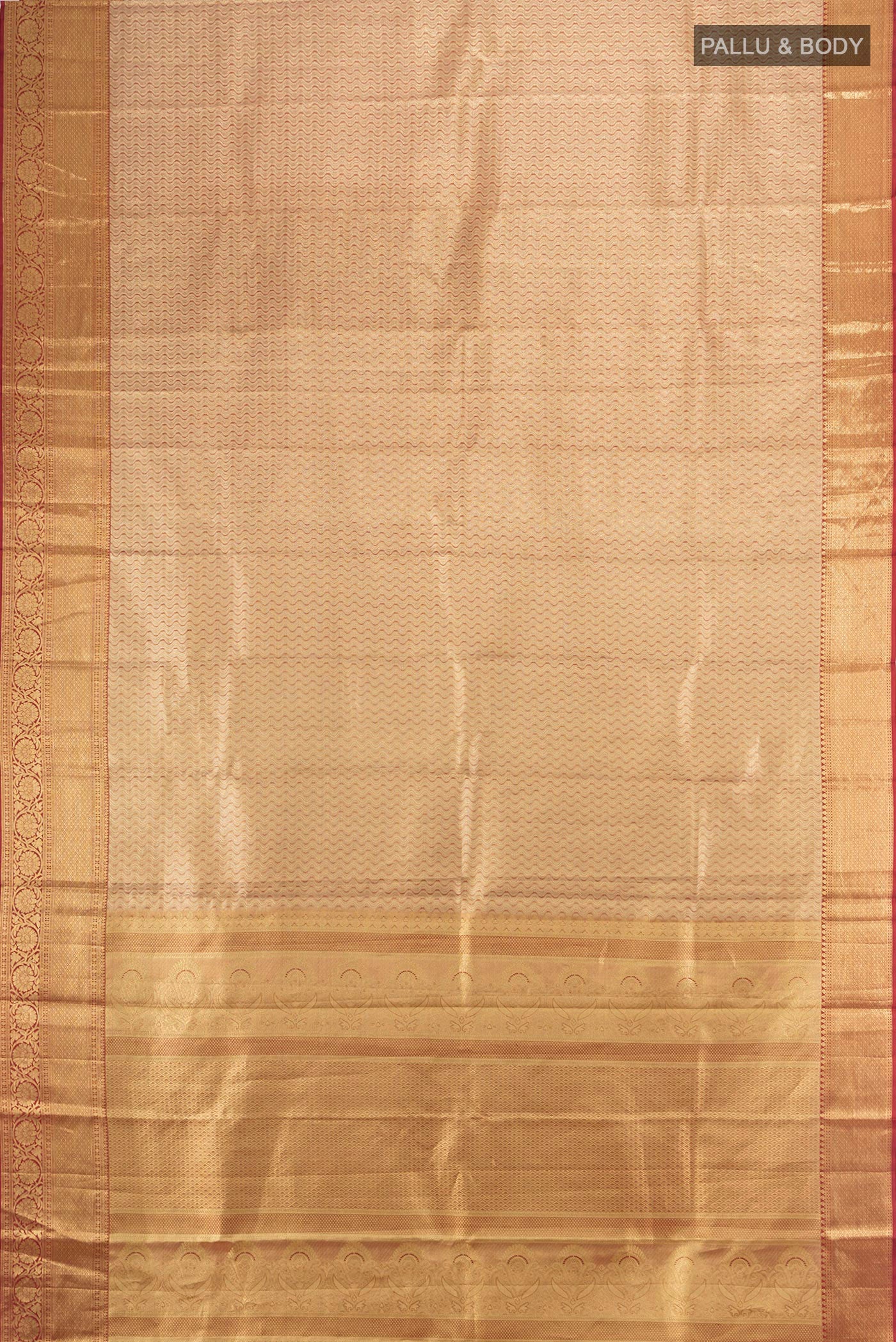 Flat view of Golden Kanjivaram Tissue Silk Saree with Zari Brocade on the body and Zari Border. 