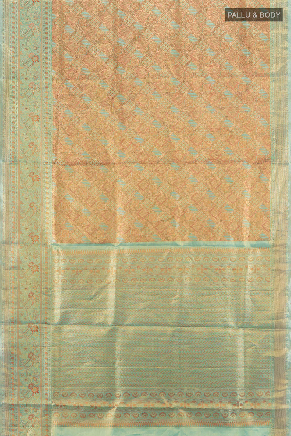Flat view of Golden Kanchipuram Tissue Silk Saree with Zari Brocade on the body and Zari Border. 