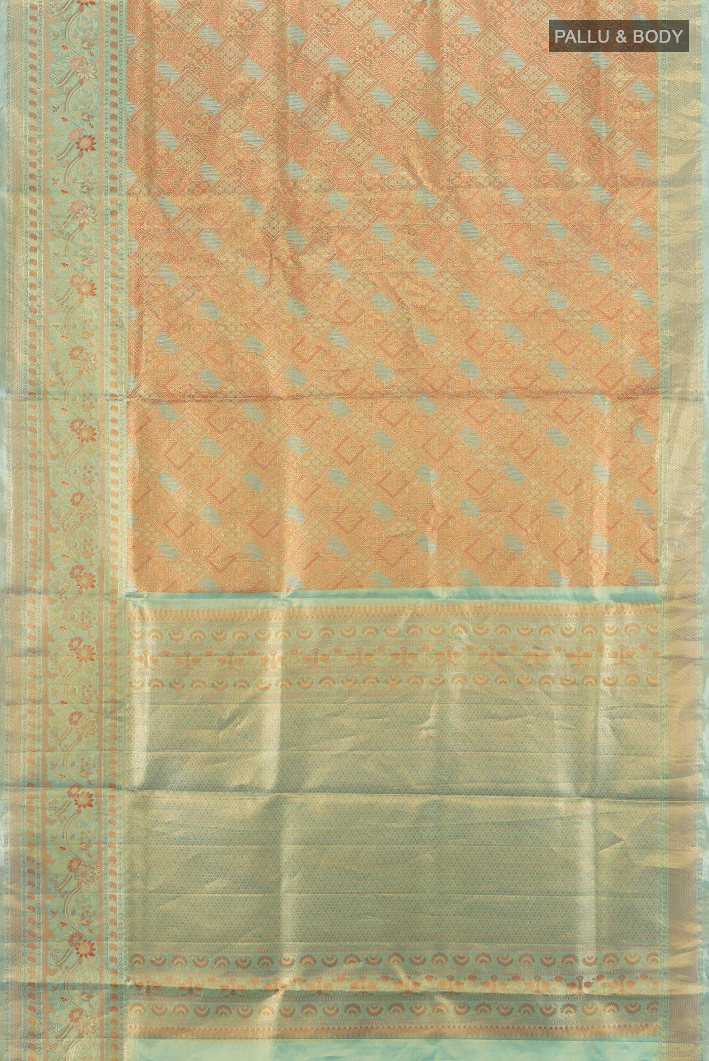 Flat view of Golden Kanchipuram Tissue Silk Saree with Zari Brocade on the body and Zari Border. 
