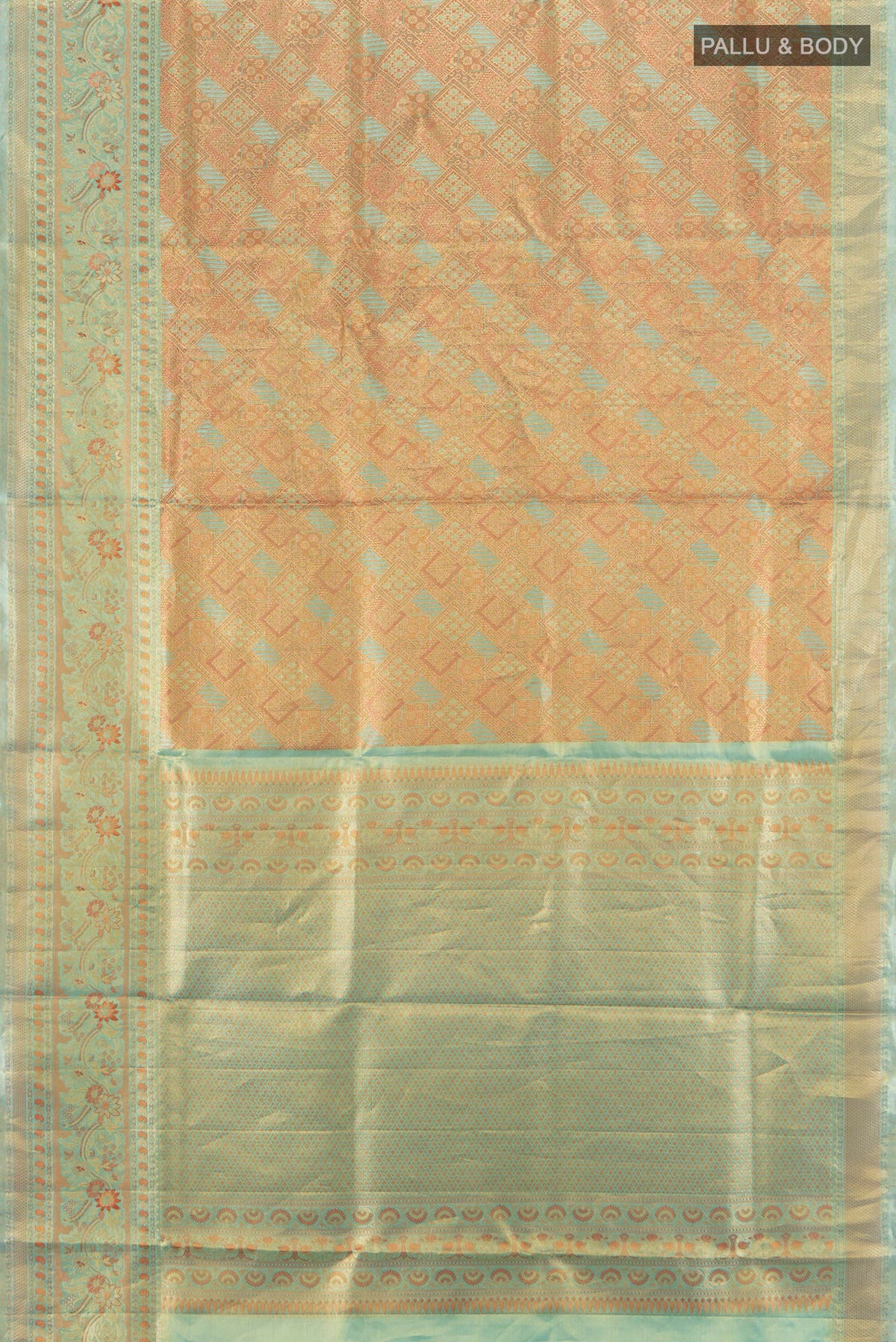 Flat view of Golden Kanchipuram Tissue Silk Saree with Zari Brocade on the body and Zari Border. 