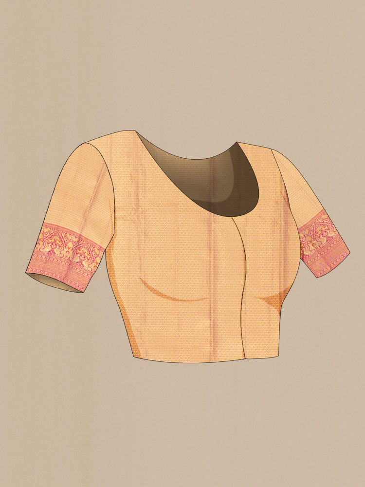 Close up image of the blouse of Golden Peach Kanchipuram Silk Saree with Zari Brocade on the body and Silk Border. 